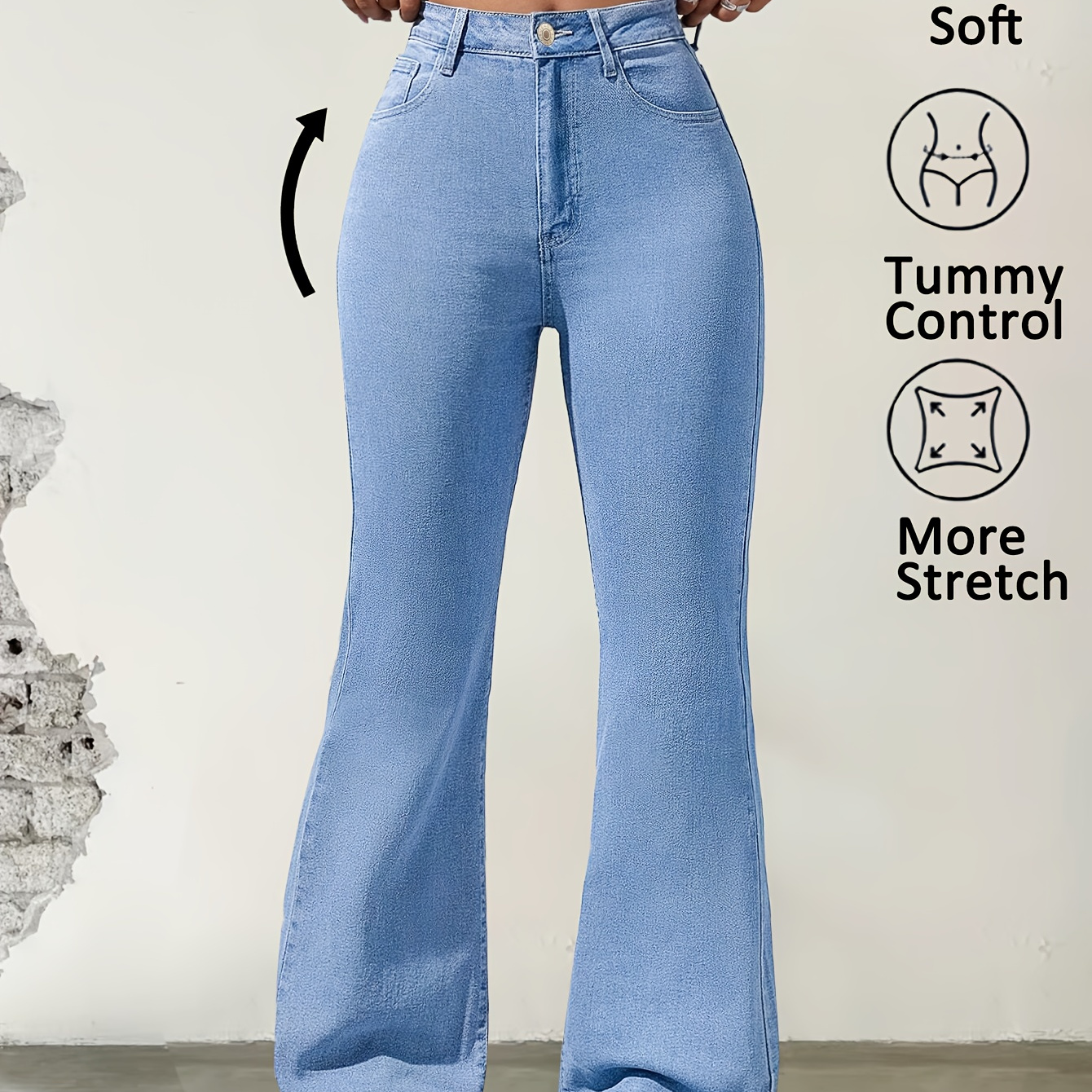 

Women's High-waist Flare Jeans, Elegant Solid Color Rayon , Stretchy Skinny Long Pants With Button Fly, Casual High Stretch Fabric, 70% Rayon 27% Polyester 2% Spandex, 378g/m² Woven Fabric