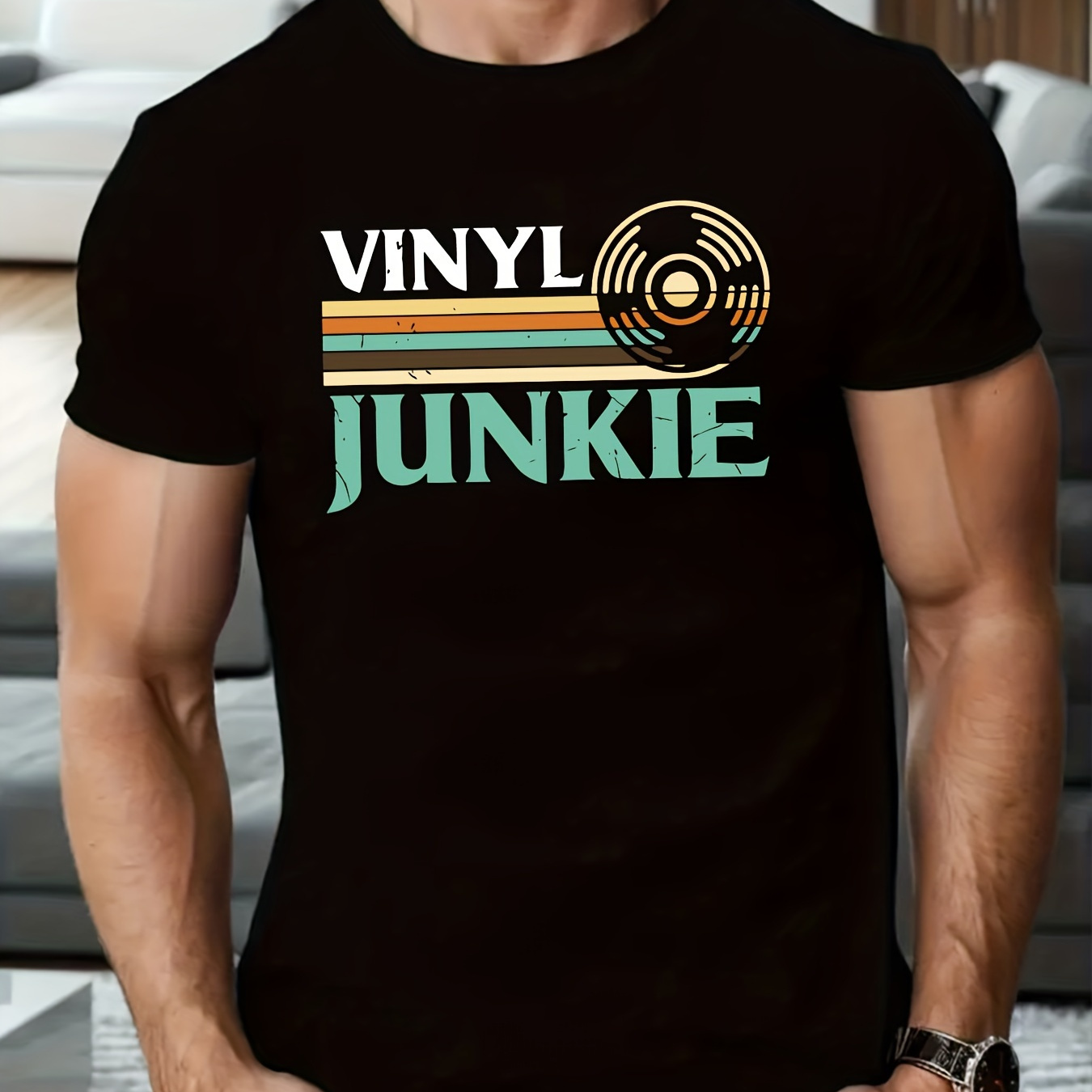 

Vinyl Record Junkie Print Tee Shirt, Tees For Men, Casual Short Sleeve T-shirt For Summer