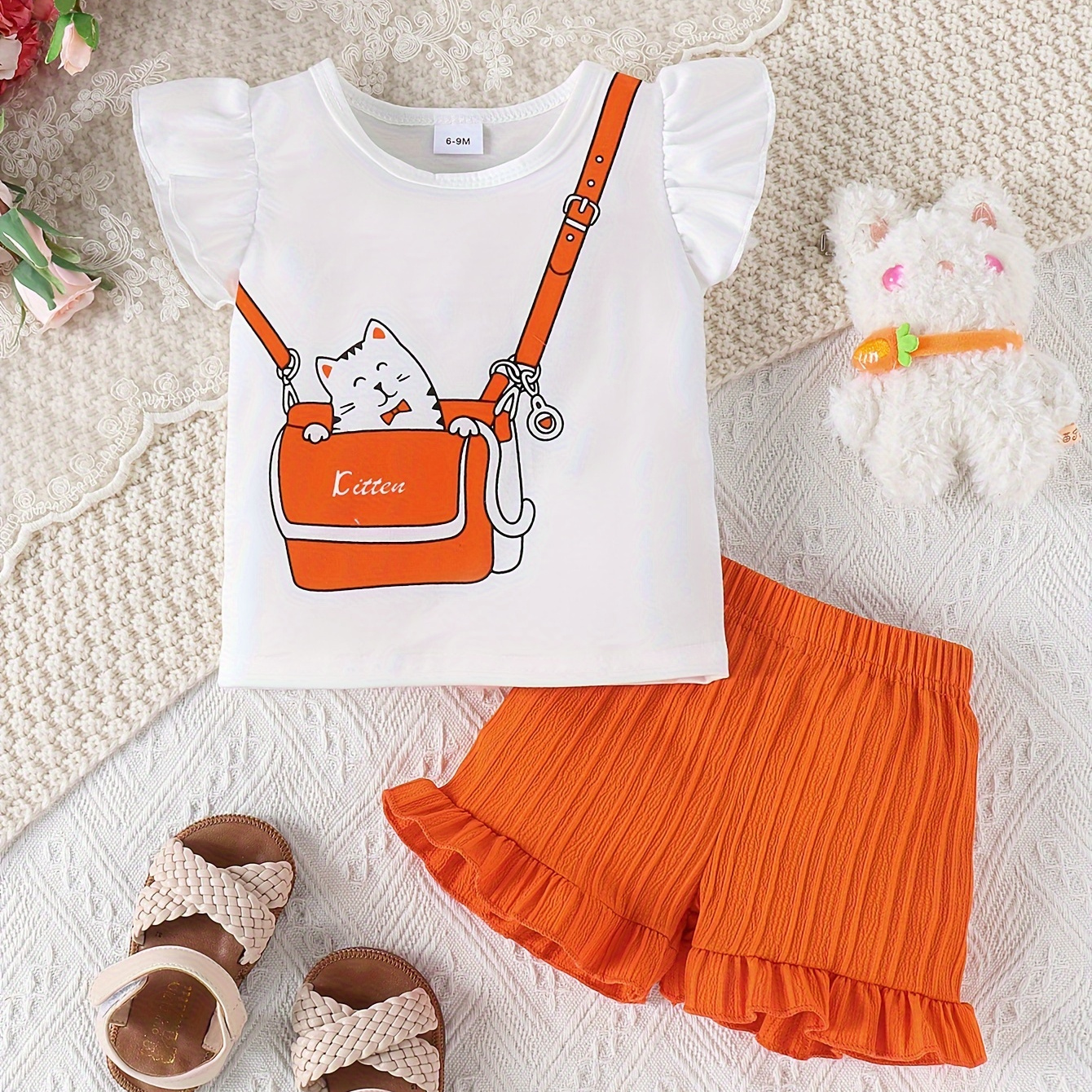 

Baby's Cute Cartoon Cat Bag Print 2pcs Summer Outfit, Cap Sleeve T-shirt & Ruffle Trim Shorts Set, Toddler & Infant Girl's Clothes For Daily/holiday/party