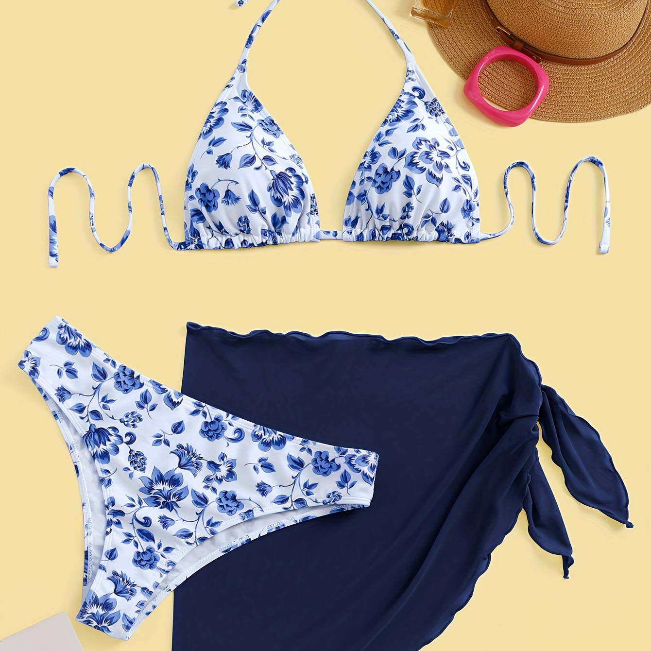 

Ensemble à Imprimé Floral avec Jupe de Couverture en - Extensible, Non-Transparent, Maillot de Bain pour Femme, Haut de Bikini