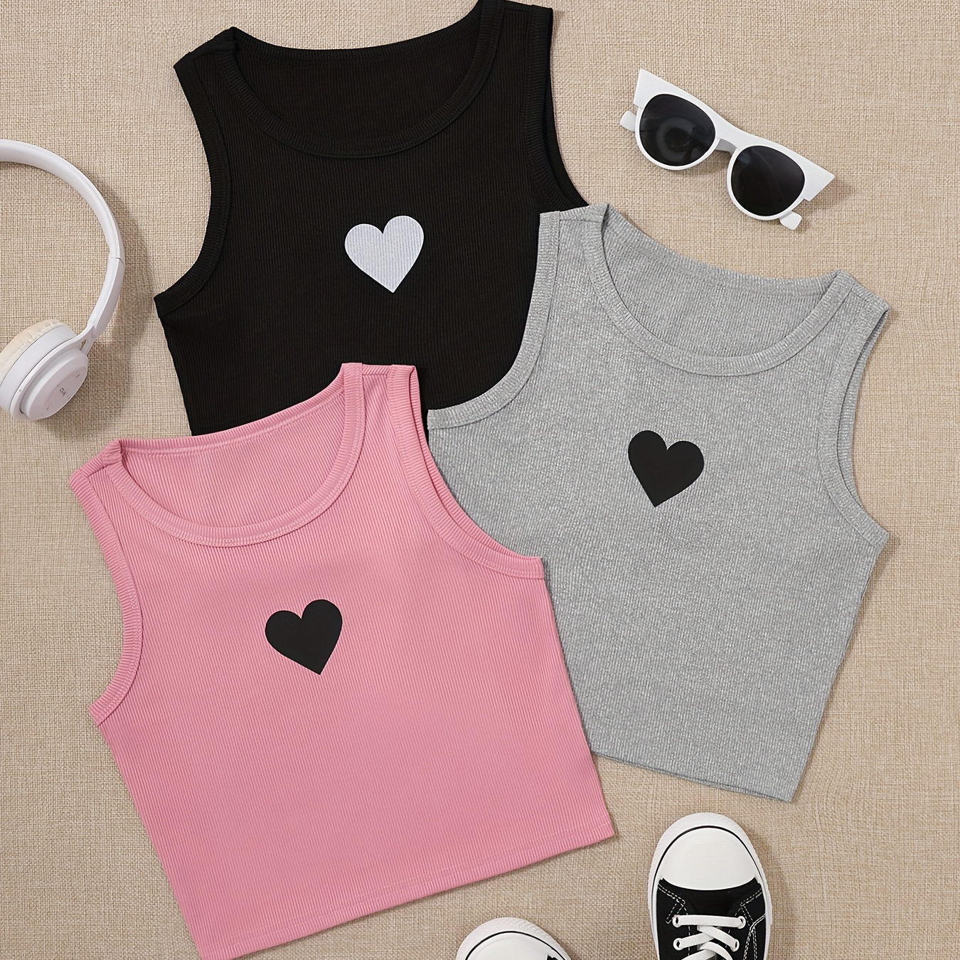 

3pcs Girls' Casual Printed Crop Tank Tops With Heart Design, Assorted Colors, Comfort Fit, Everyday Wear, Sizes For Kids