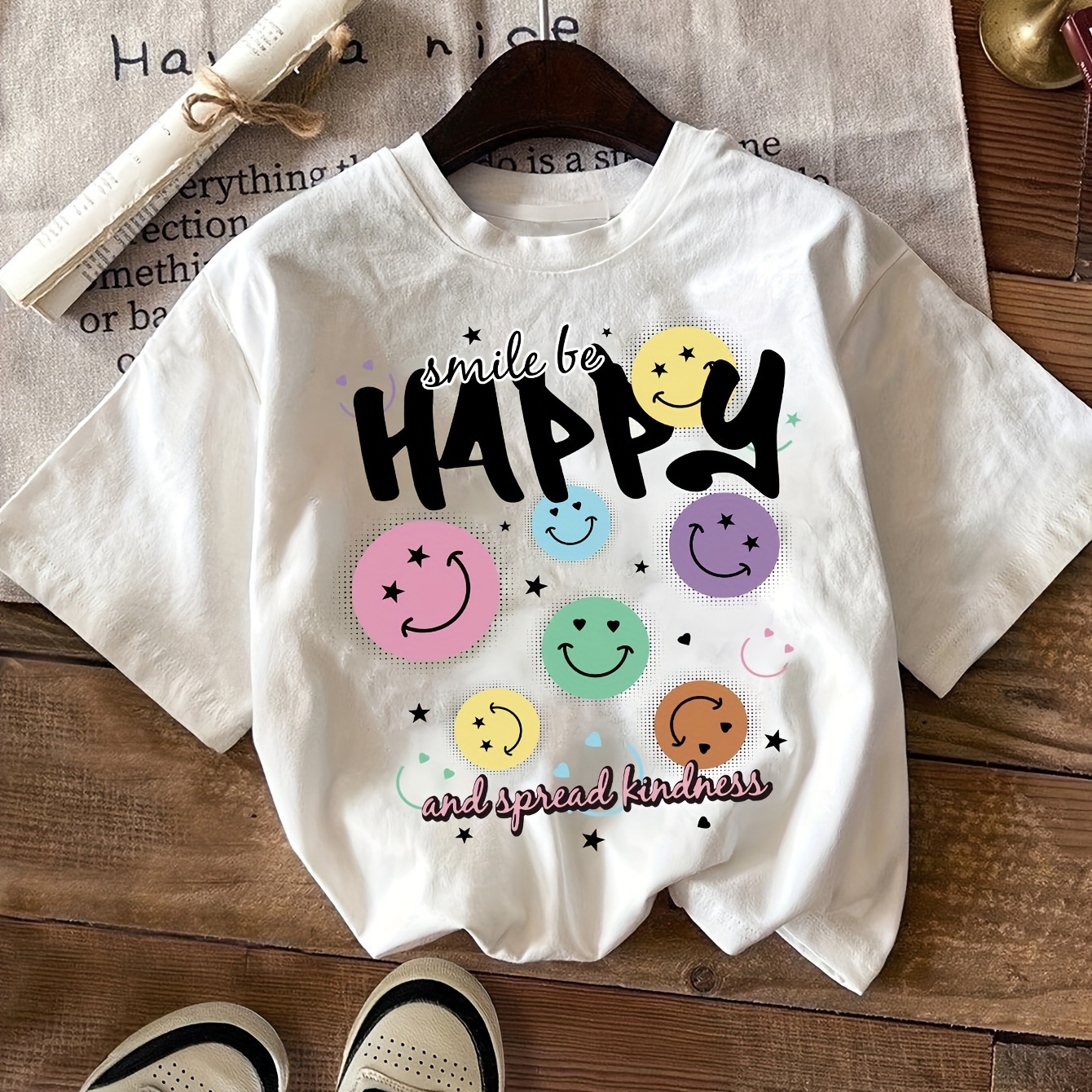 

Smile Face Print T-shirt, Short Sleeve Crew Neck Casual Top For Summer & Spring, Women's Clothing