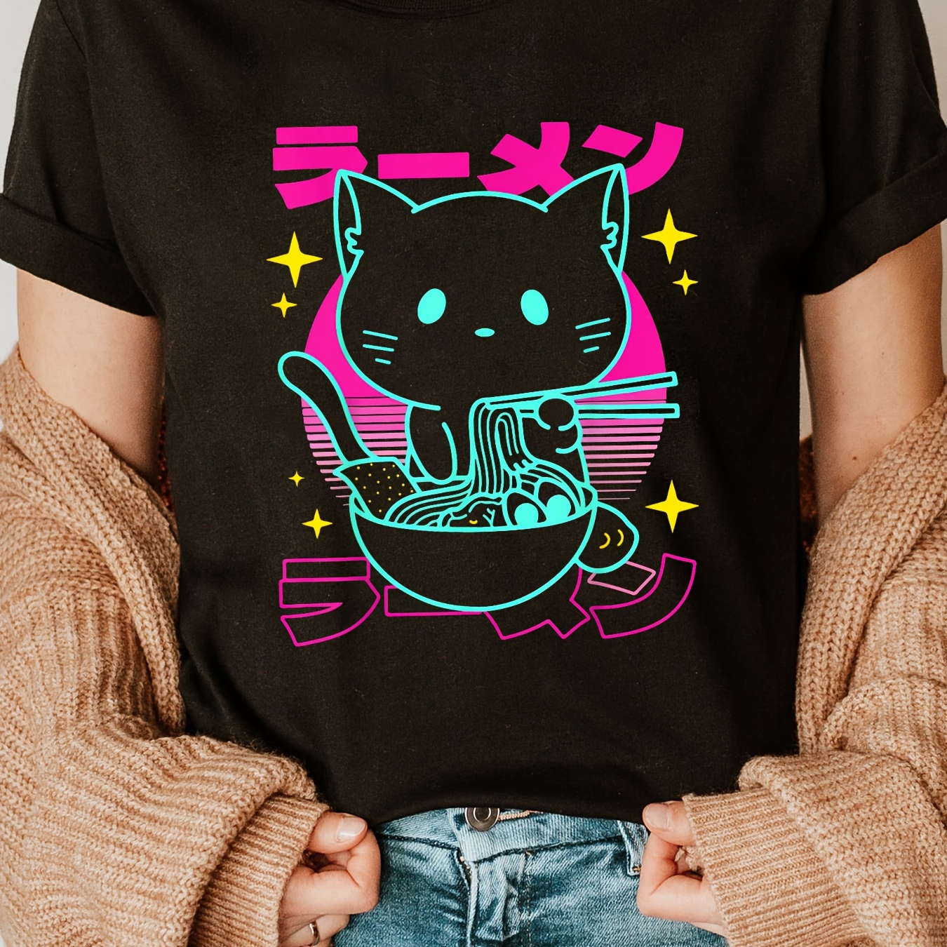 

Cat Print Crew Neck T-shirt, Casual Short Sleeve T-shirt For Spring & Summer, Women's Clothing