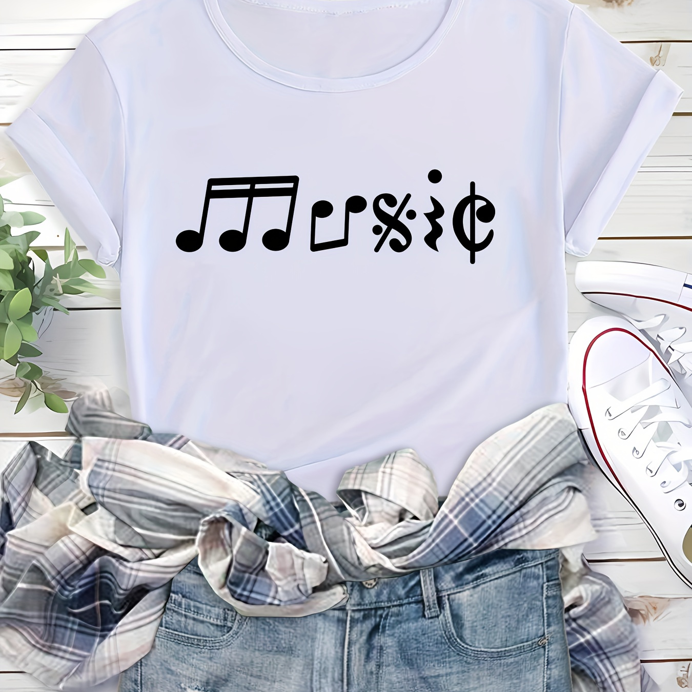 

Women' Music Note Print Loose Fit Casual Summer T-shirt, Short Sleeve Round Neck Top For