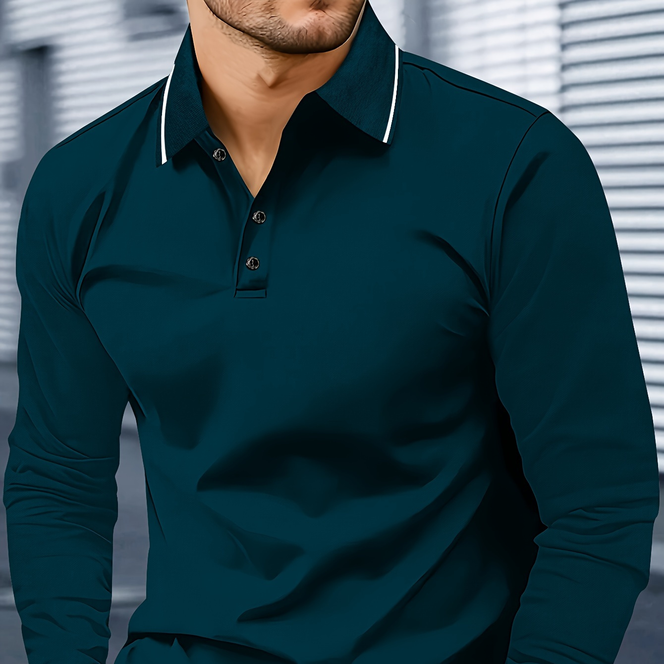 

Men's Casual Long Sleeve Polo Shirt - 100% Polyester Knit Fabric With Slight Stretch, Solid Color, Button Collar, Regular Fit For Fall