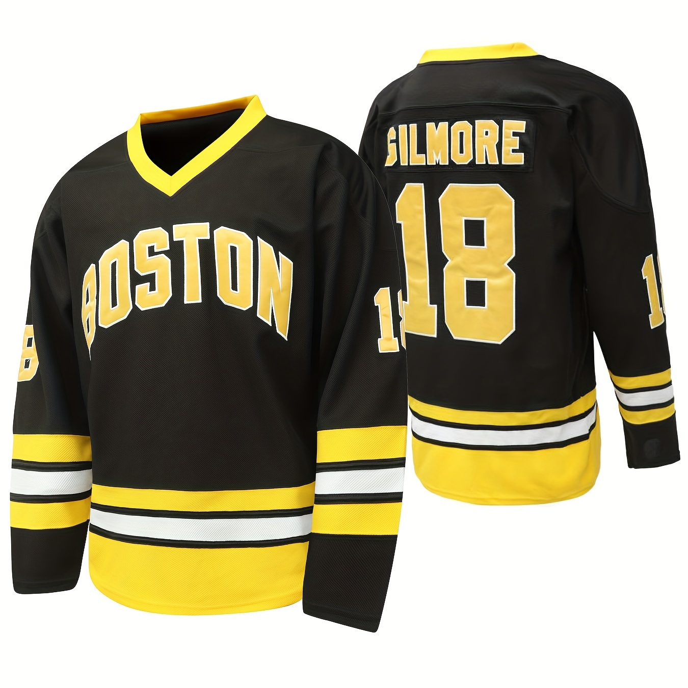 

Men's Boston #18 Embroidery Ice Hockey Jersey, Vintage Stripe V Neck Long Sleeve Uniform Hockey Shirt For Training Competition Size S-xxxl