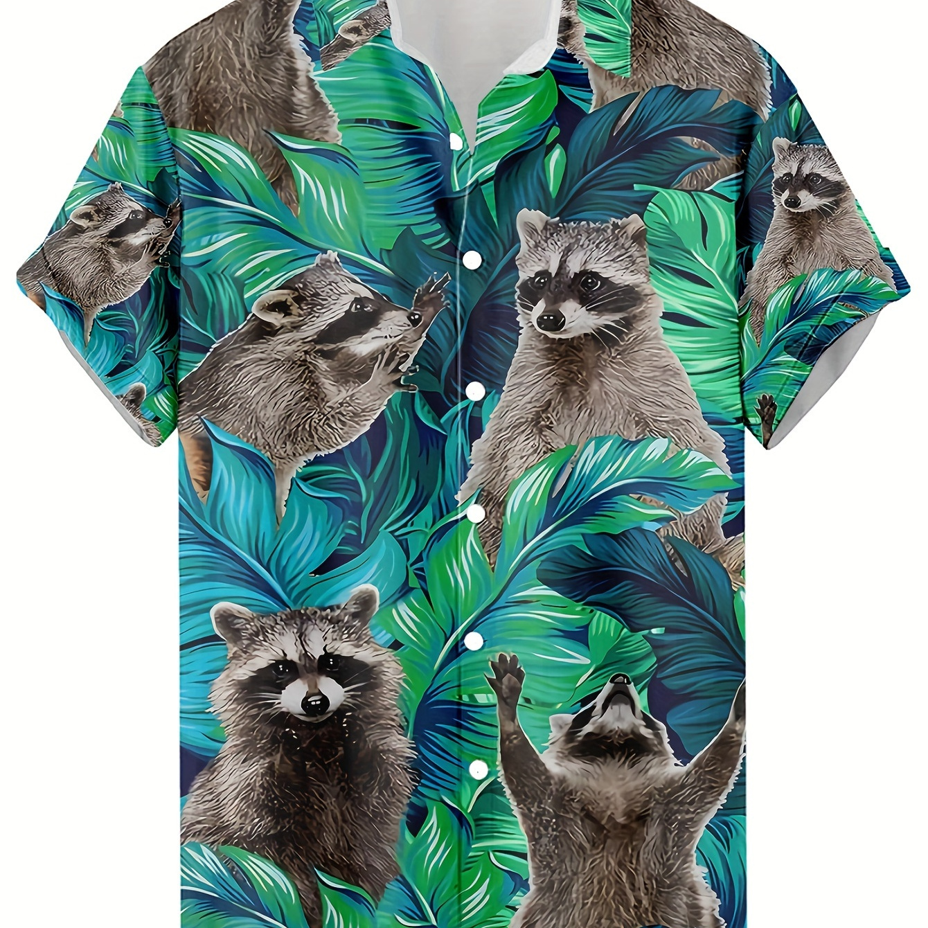 

Men's Cute Raccoon Print Short Sleeve Button Up Shirt, Summer Hawaiian Style, Daily Vacation Wear For Men