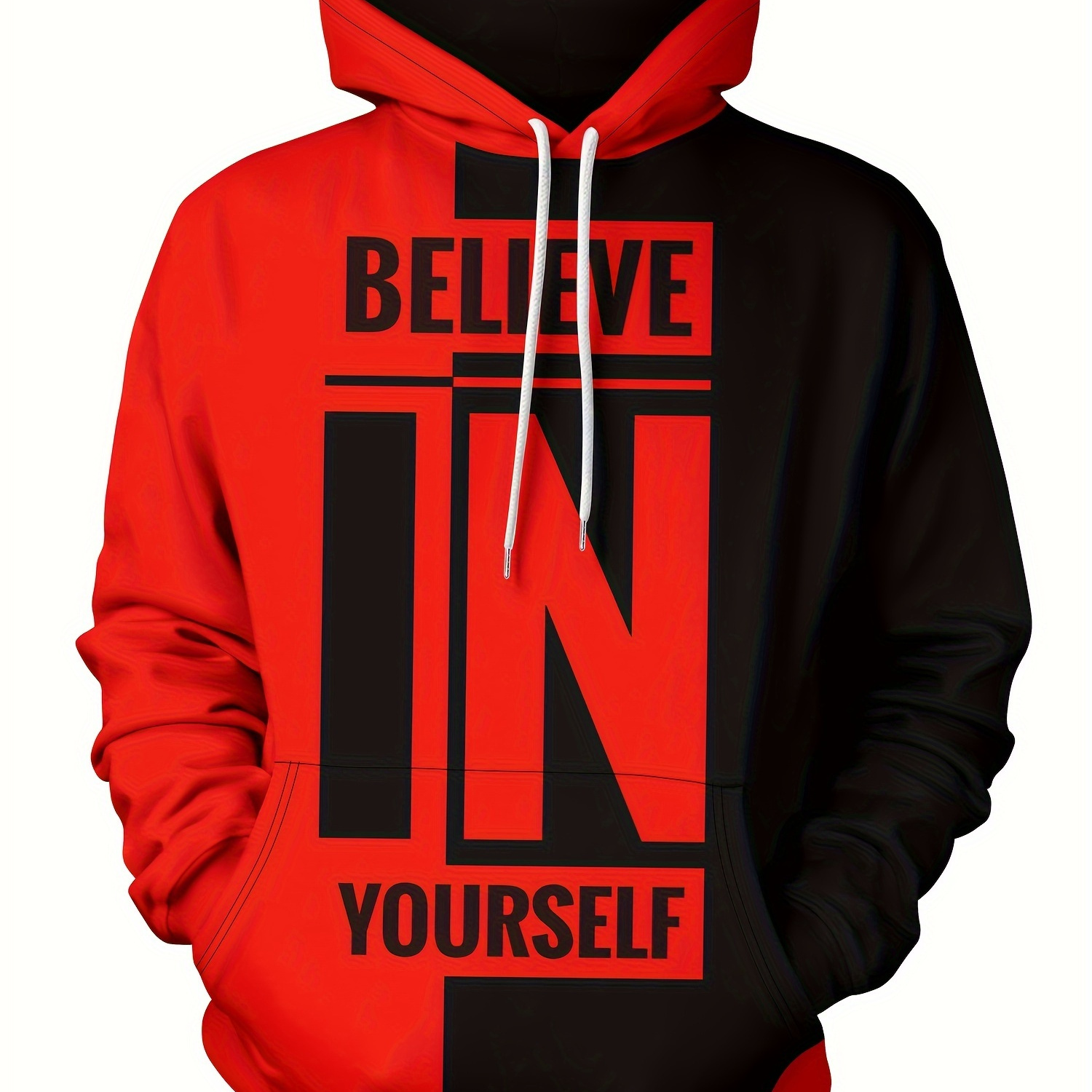 

''believe In Yourself'' Print Color Block Hoodie For Men, Graphic Hoodie With Kangaroo Pocket, Comfy Loose Trendy Pullover, Men's Clothing For Autumn Winter