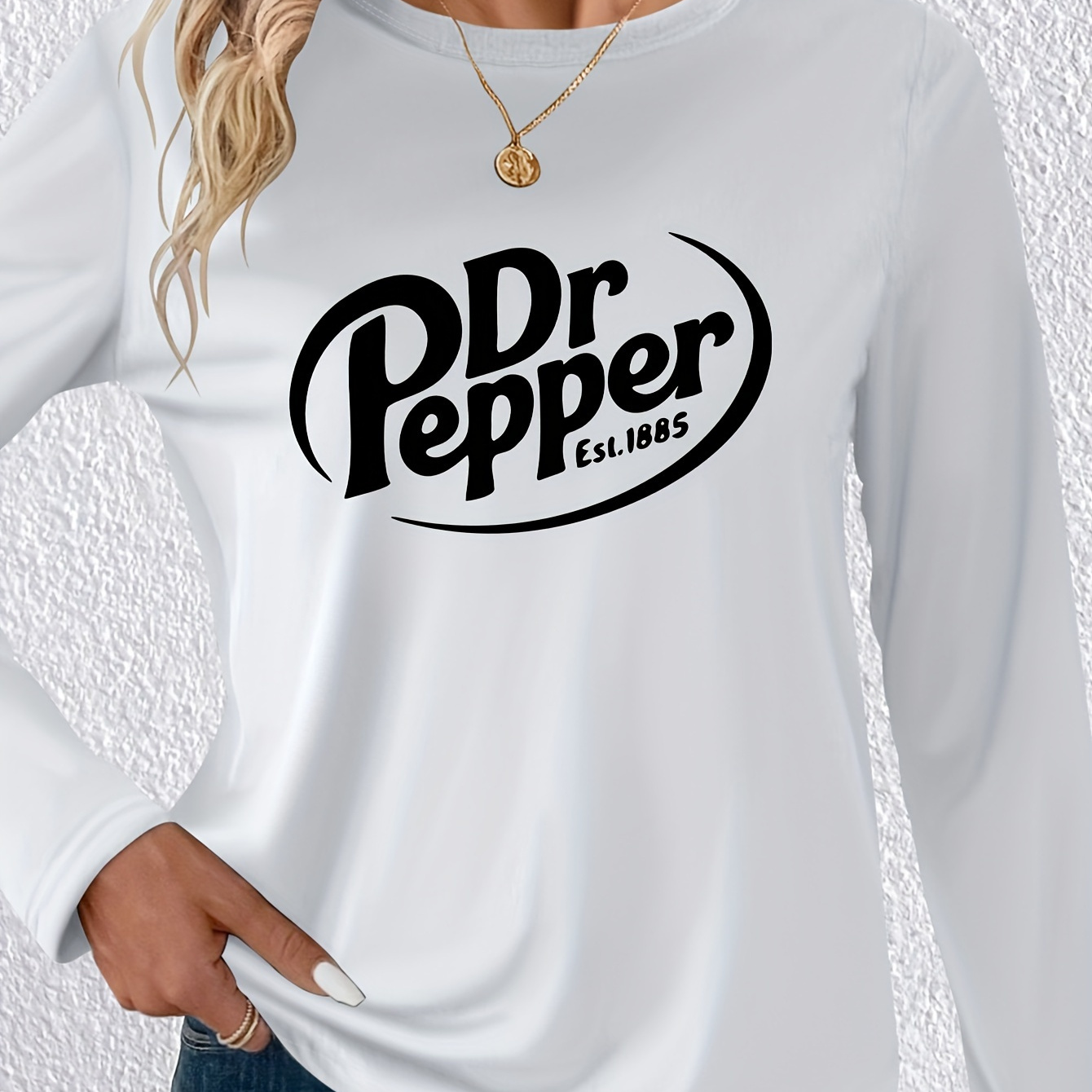 

Dr Pepper Graphic Long Sleeve T-shirt For Women - Casual Crew Neck Pullover, 100% Polyester Knit Fabric, Medium Stretch, Regular Fit, Alphabet Applique Design - Spring/fall Collection