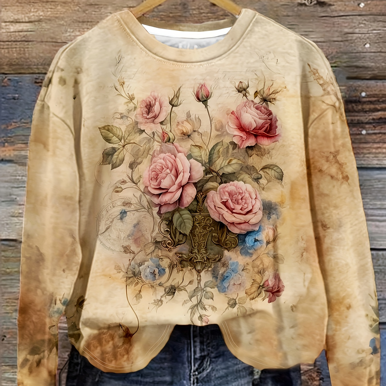 

Women's Plus Size Floral Print Long Sleeve T-shirt - Casual Round Neck Top, And Skull Design, Ideal For Fall And Winter, Casual Wear Top|floral Print Shirt|stretchy Fabric