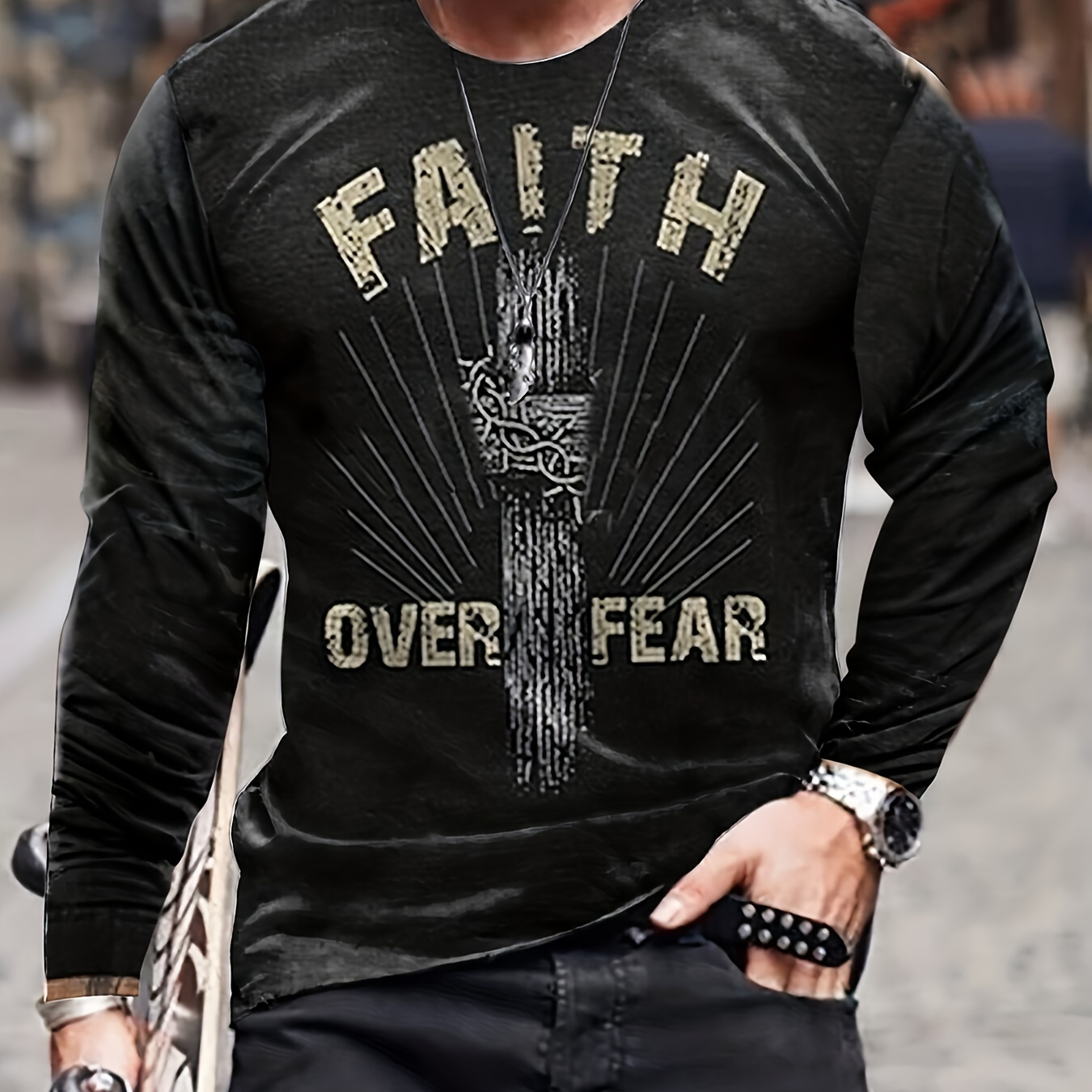 faith'' Pattern Camiseta Manga Larga Bloques Color Hombres - Temu Chile