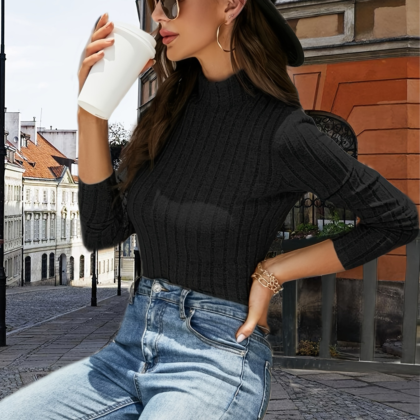 

Solid Mock Neck Rib Knit Top, Elegant Long Sleeve Slim Versatile Sweater, Women's Clothing