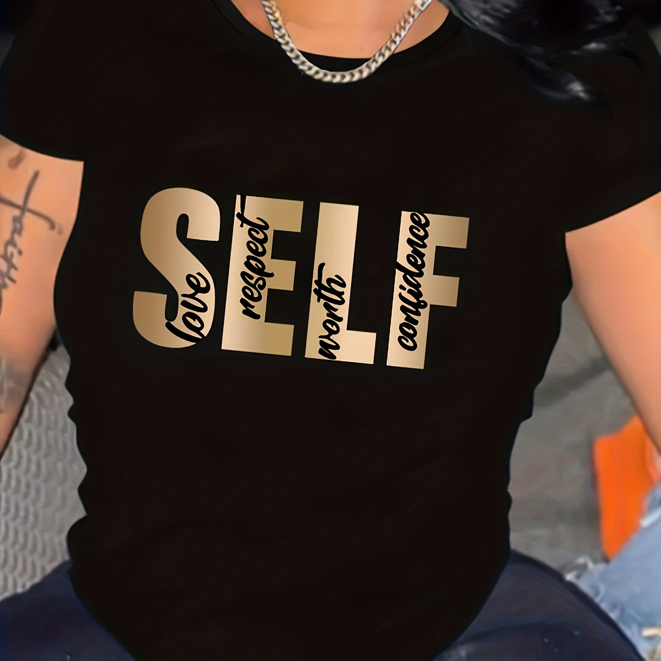 

Self Letter Print T-shirt, Casual Crew Neck Short Sleeve T-shirt, Women's Clothing