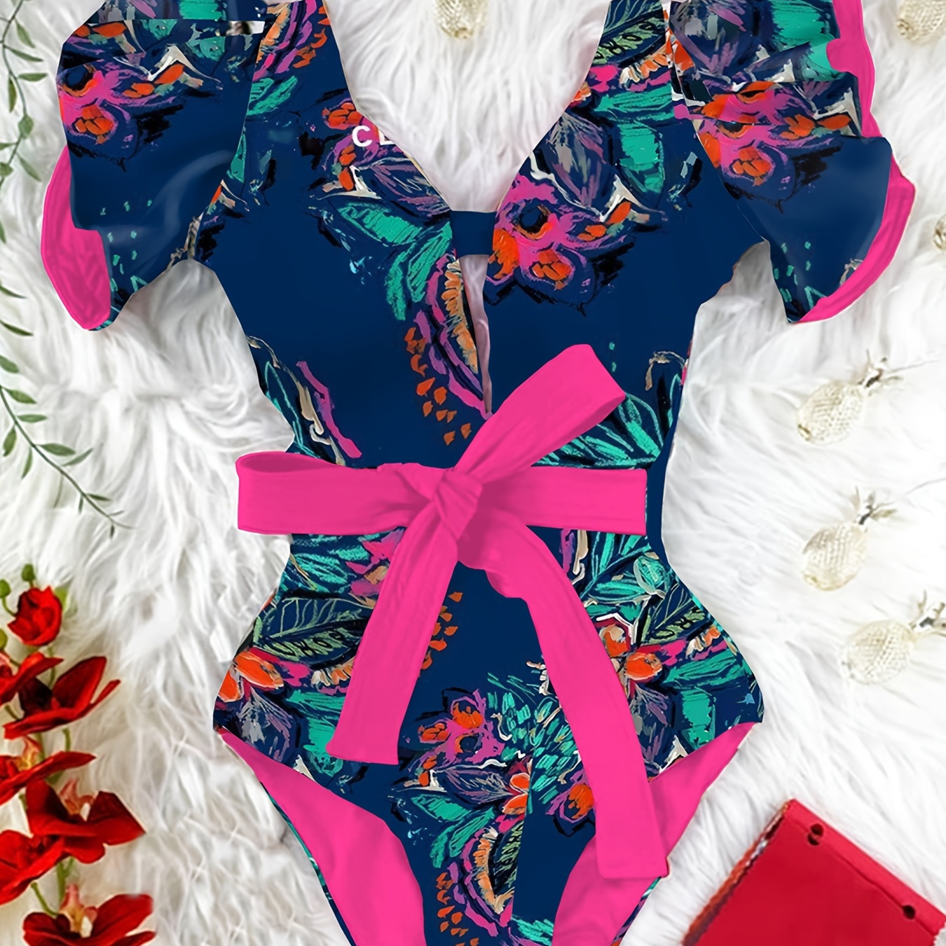 

Tropical Print Tie Belt One-piece Swimsuit, V Neck Stretchy Elegant Bathing Suits, Women's Swimwear & Clothing