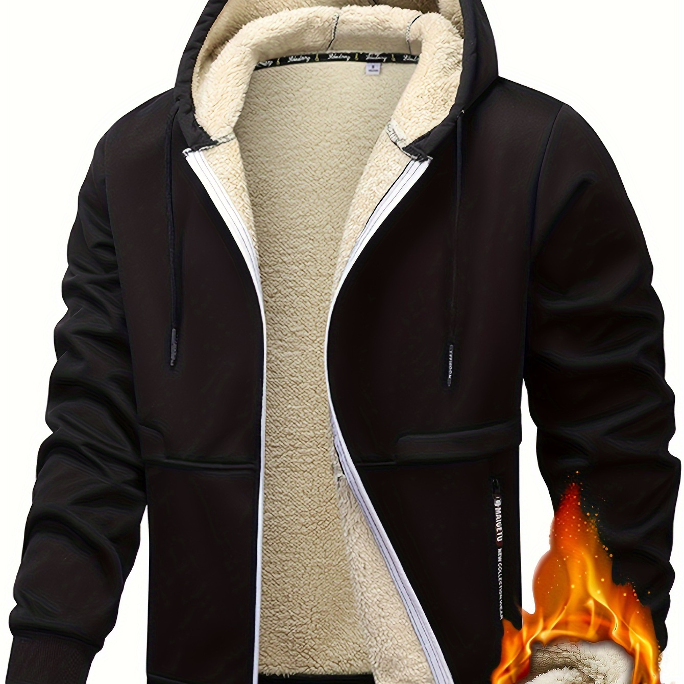 

1 veste en pour homme décontractée à capuche doublée de sherpa, manteau à manches longues en de polyester à fermeture éclair avec poches, couleur unie, coupe régulière pour vêtement de