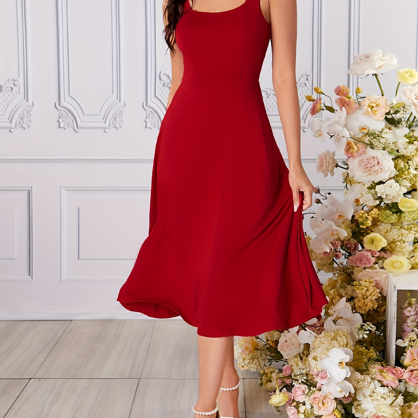 

Solid Color Wide Strap Dress, Elegant Sleeveless Flowy Dress For Spring & Summer, Women's Clothing For Elegant Dressing