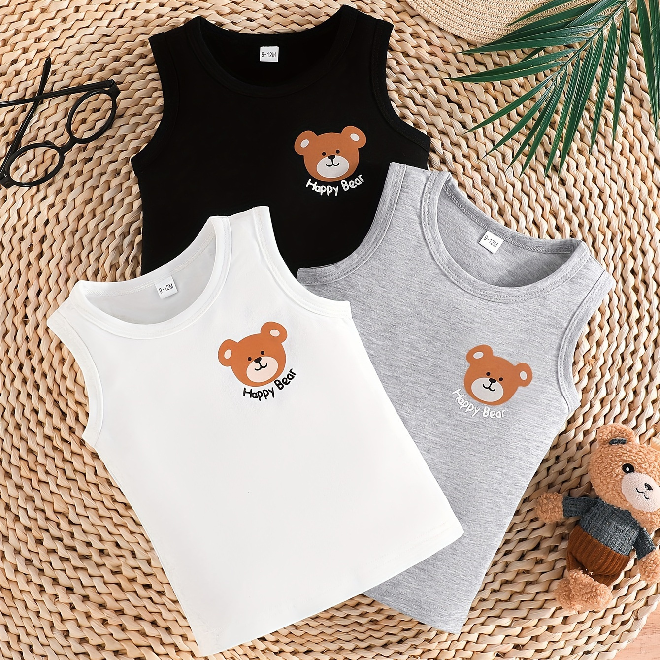 

3pcs Cartoon Bear Print Tank Top For Infants & Toddlers, Versatile Sleeveless Top, Baby Boy's Clothing