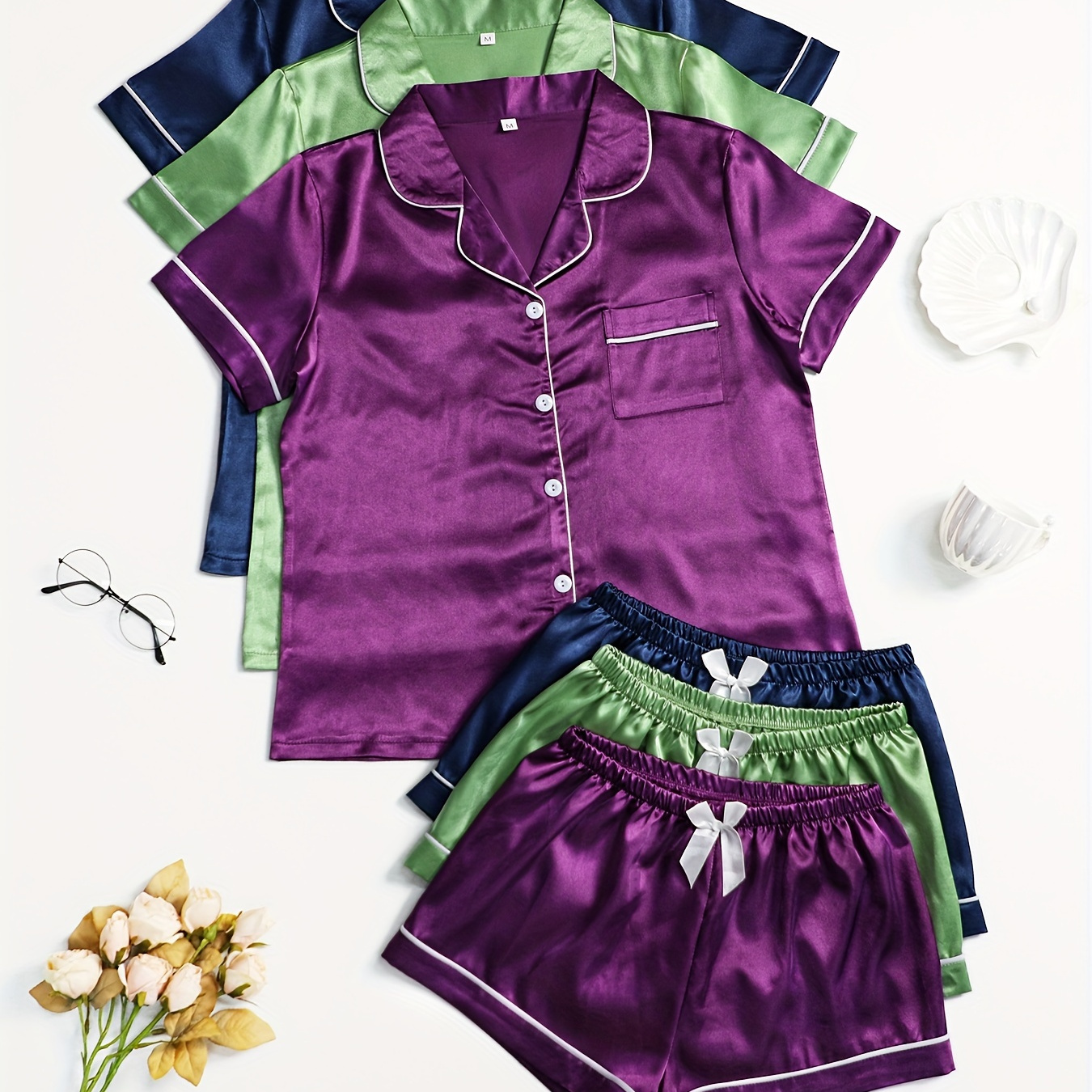 

3 Sets Women's Solid Satin Casual Lounge Set, Short Sleeve Buttons Lapel Top & Shorts, Comfortable Relaxed Fit