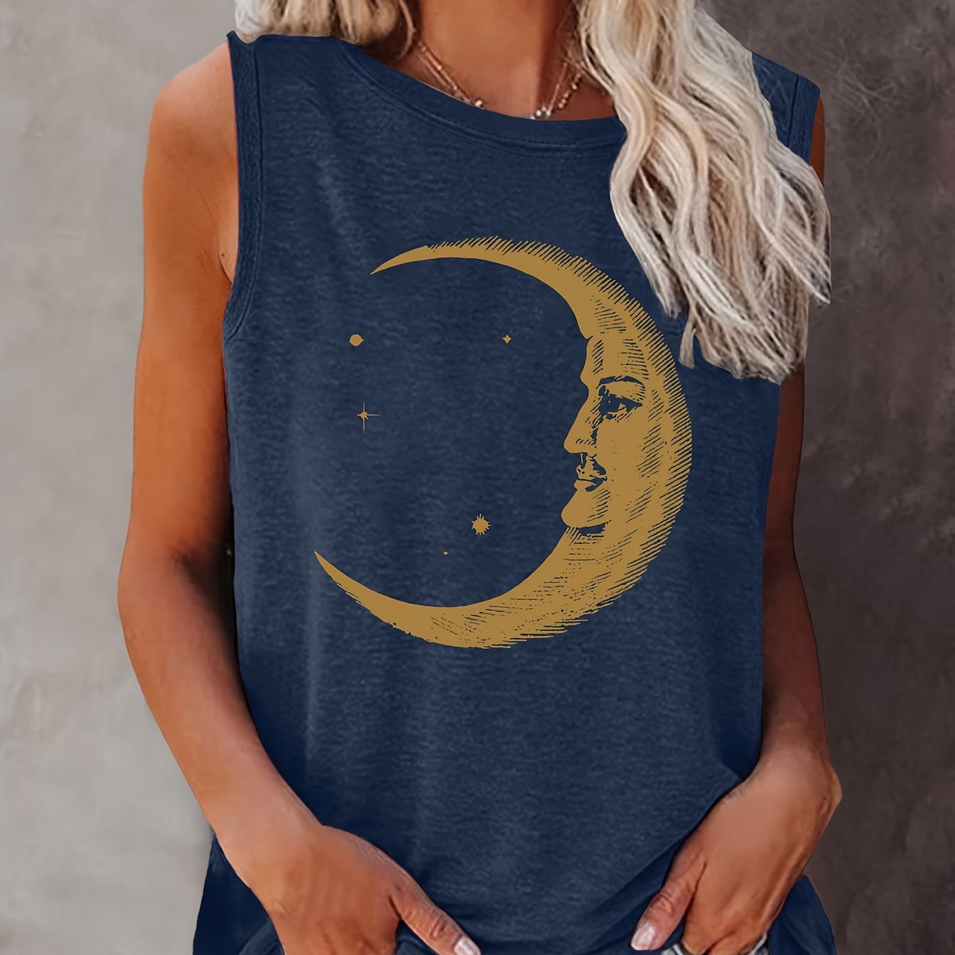 

Moon Print Tank Top, Sleeveless Casual Top For Summer & Spring, Women's Clothing