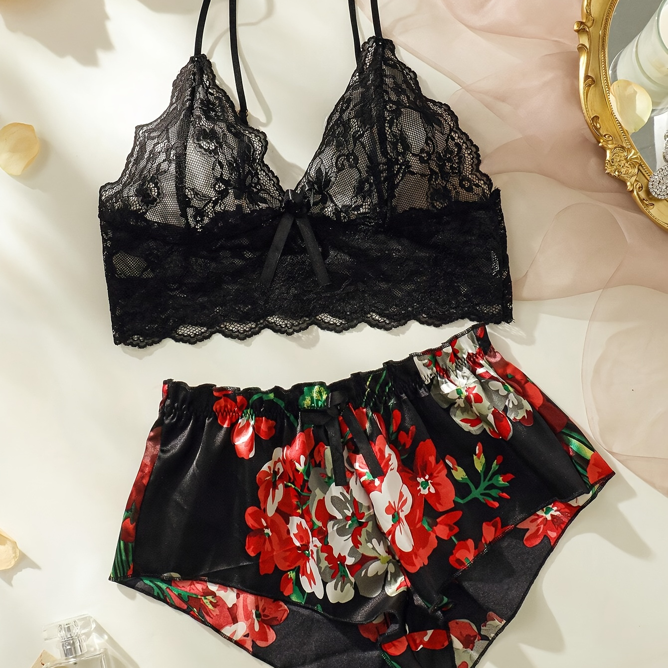 

Women's Sexy Floral Print Pajama Set, Lace Hollow Out V Neck Backless Crop Cami Top & Satin Mini Shorts, Comfortable Relaxed Fit