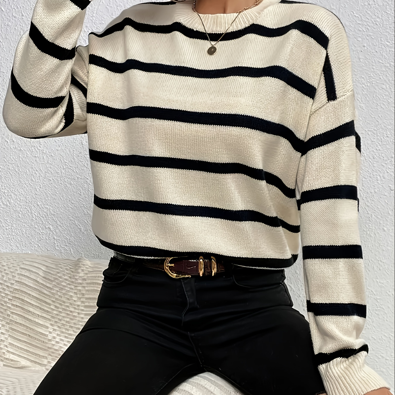 

Elegant Striped Knit Sweater For Women - Crew Neck, Long Sleeve, Soft Acrylic , All