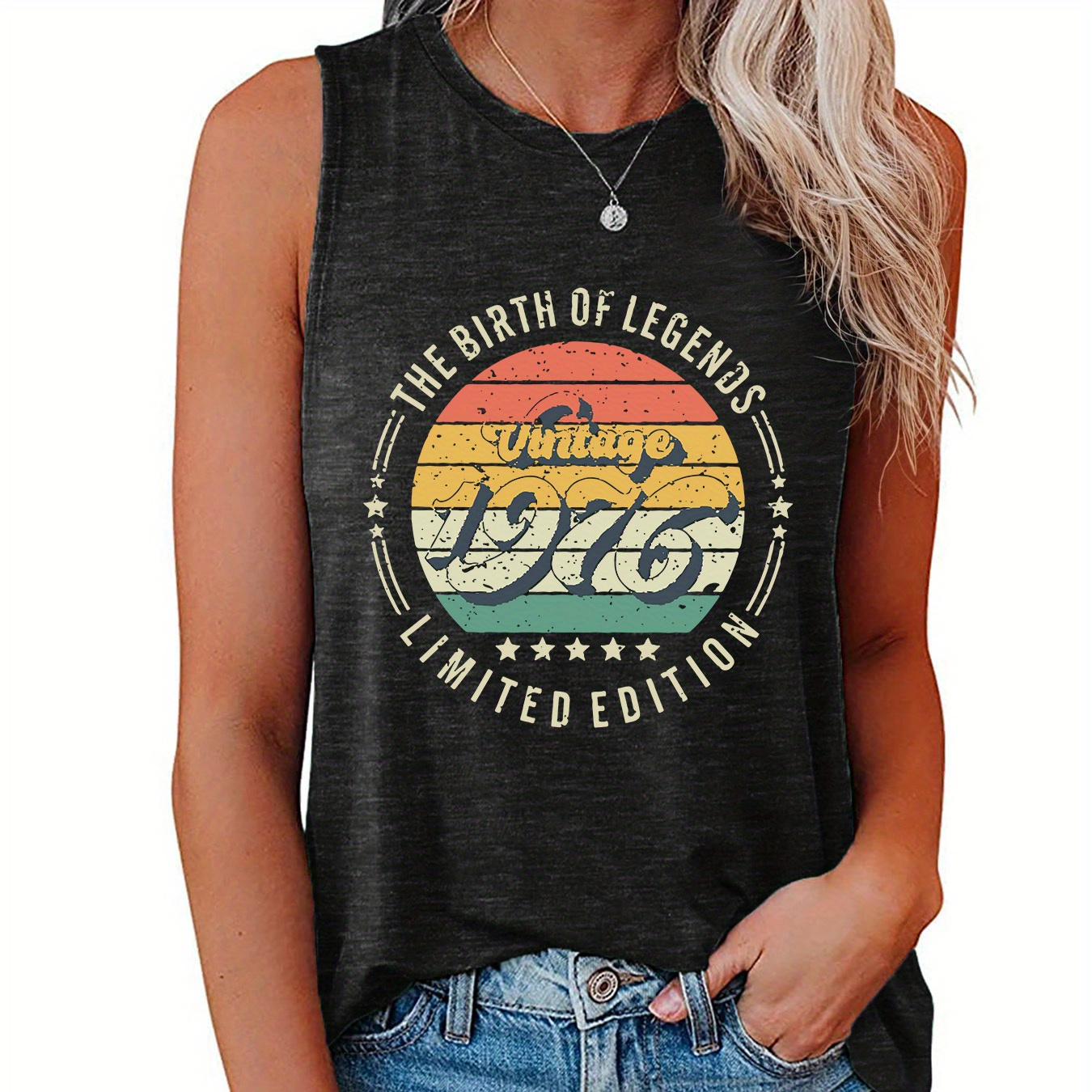 

1976 Print Crew Neck Tank Top, Sleeveless Casual Top For Summer & Spring, Women's Clothing
