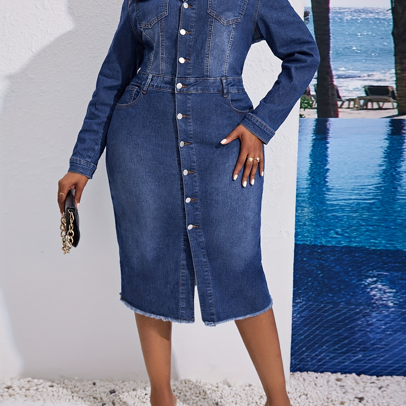 

Women's Plus Size Plain Washed Long Sleeve Denim Dress, Casual Button-down Jean Midi Dress With Pockets, Vintage Fashion Streetwear, Blue