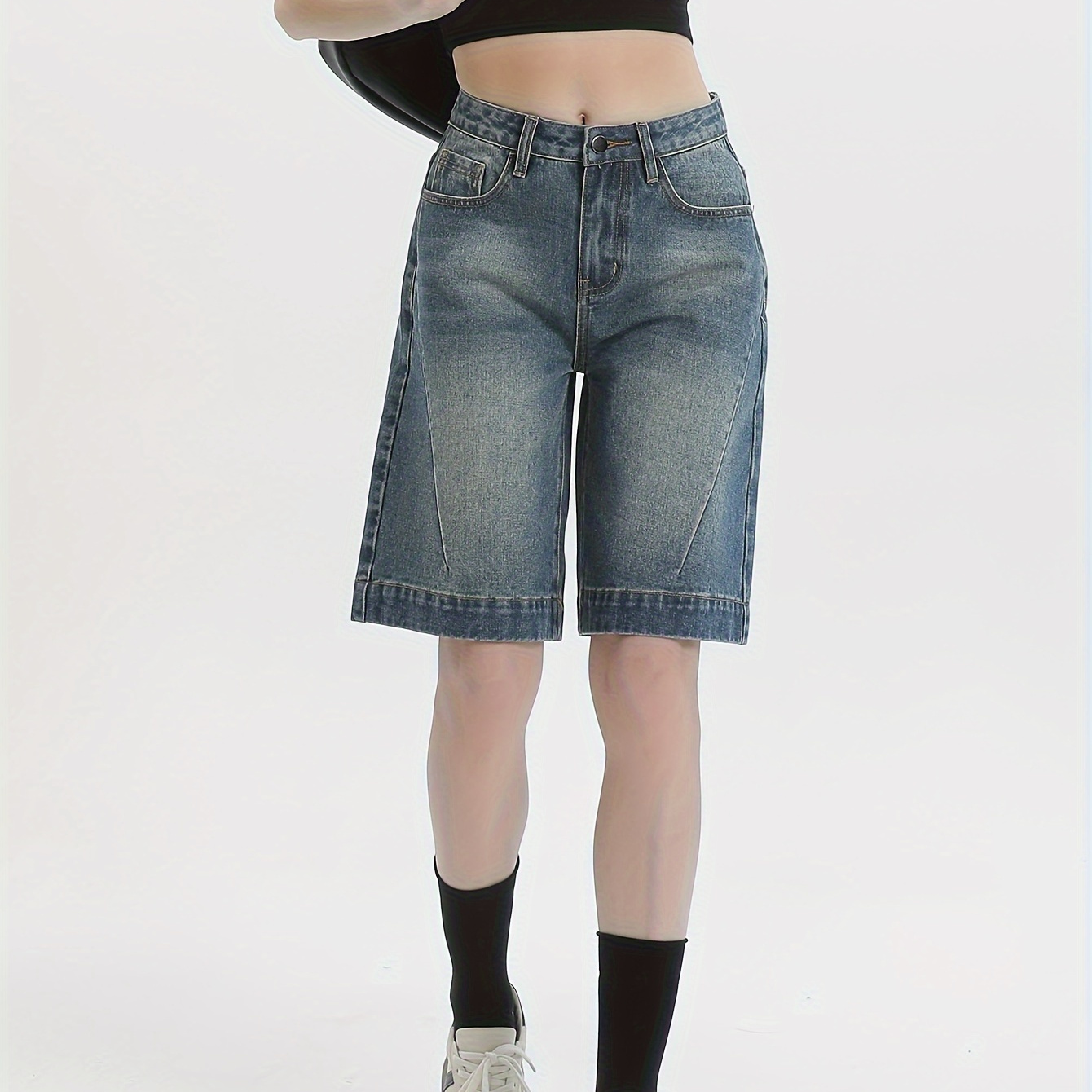 

Women's High-waisted Jean Shorts, Retro Style, Plain Vintage Distressed Denim, Loose Fit Jorts, Straight Leg, Knee-length, Dark Blue, For Spring/summer