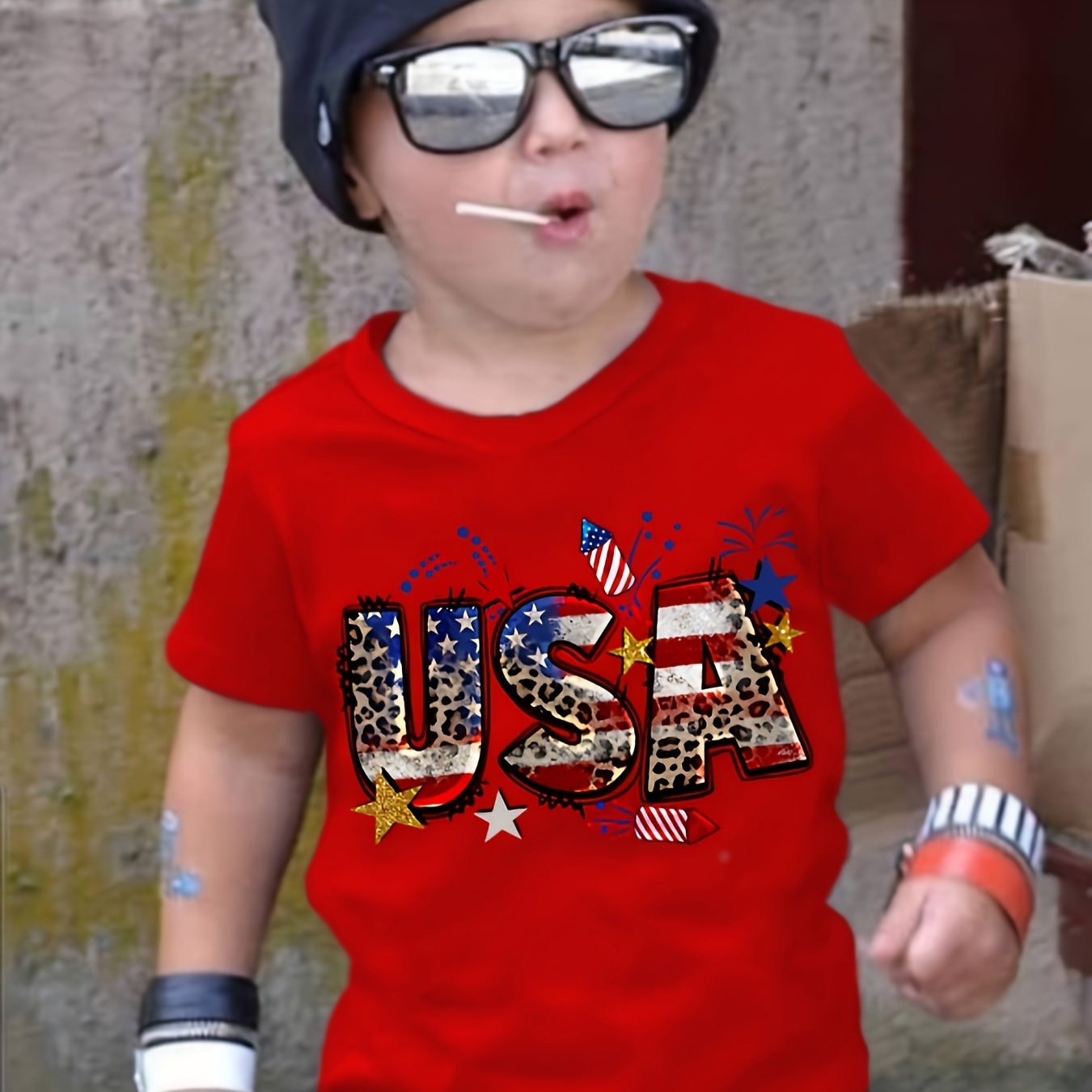 

Independency Usa Print Boy's Creative T-shirt, Vibrant Comfortable Crew Neck Top, Kids Summer Clothing