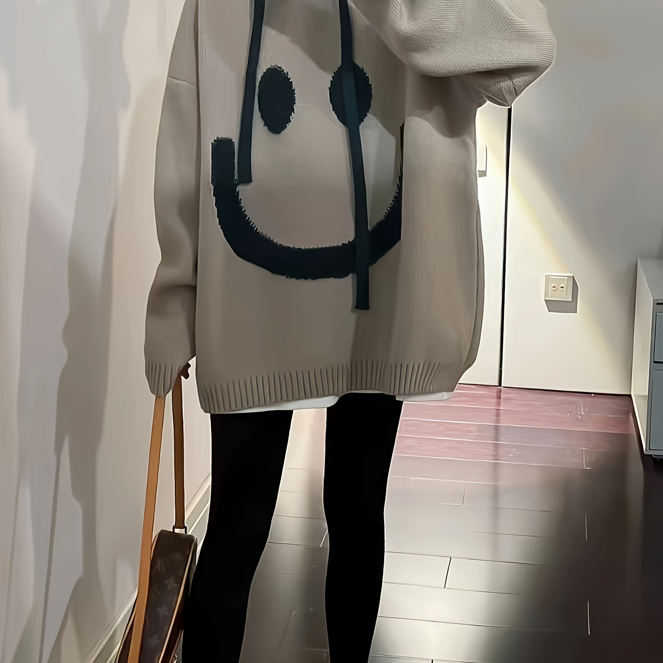 

Smile Pattern Drawstring Hoodie Sweater, Casual Long Sleeve Sweater For Fall & Winter, Women's Clothing