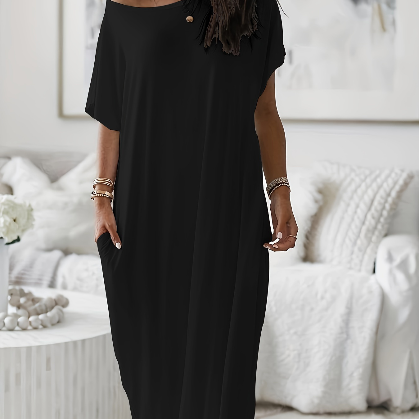 

Robe de nuit décontractée unie pour femme, tissu tricoté 95 % polyester 5 % élasthanne, col rond avec poche, vêtement de nuit à manches courtes toutes , 180 g/m² - Confortable et