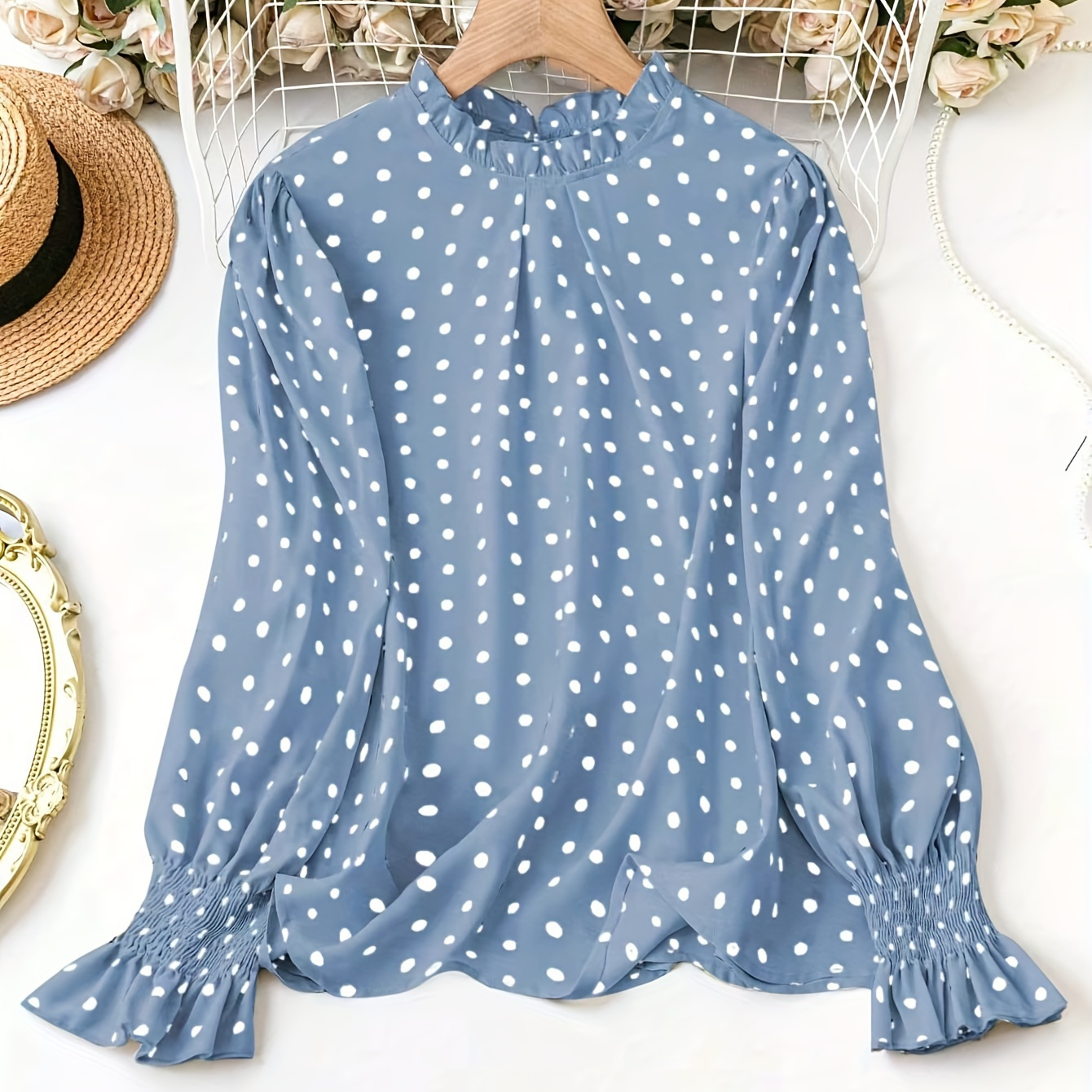 

1pc Women's Polka Dot Ruffle Collar Long Sleeve Top, 95% Polyester 5% Elastane, Vacation Collar Blouse For All