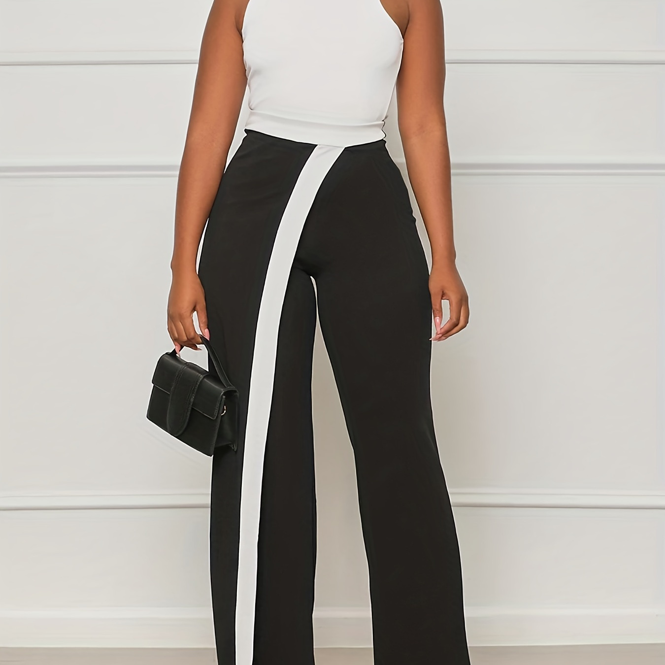 Color Block High Waist Pants Casual Slim Flare Leg Pants - Temu