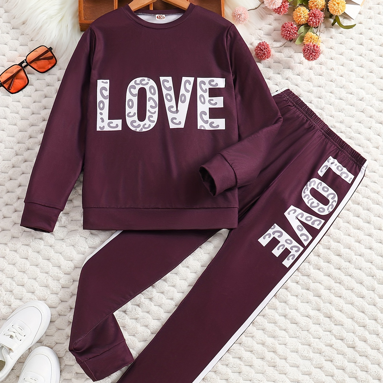 

2pcs Love Letter Pattern Outfits, Crew Neck + Pant Set Girls Spring Fall Gift