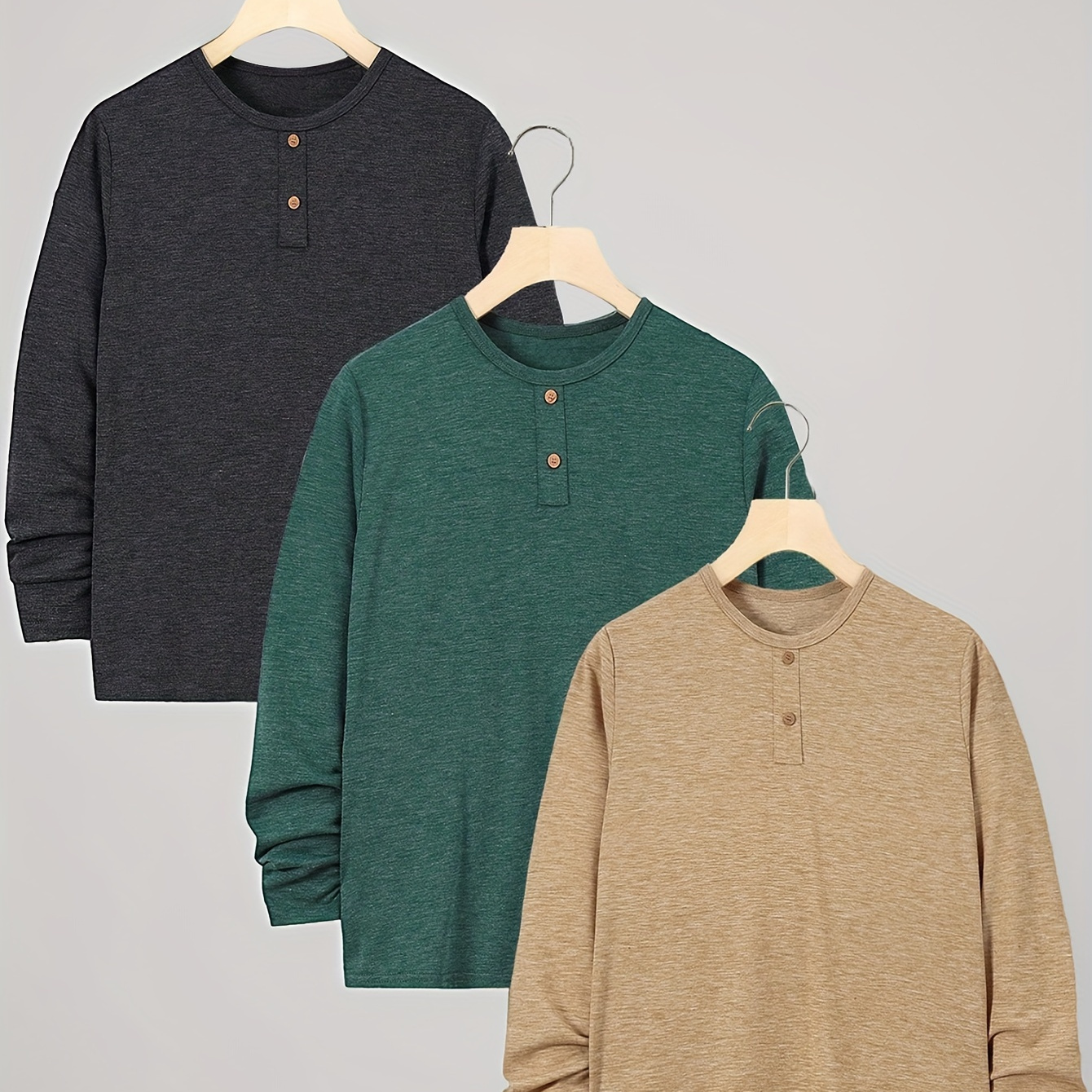 

3pcs Boy's Button Placket Solid Long Sleeve T-shirt Comfy Casual Pullover Tops For Spring Fall Summer