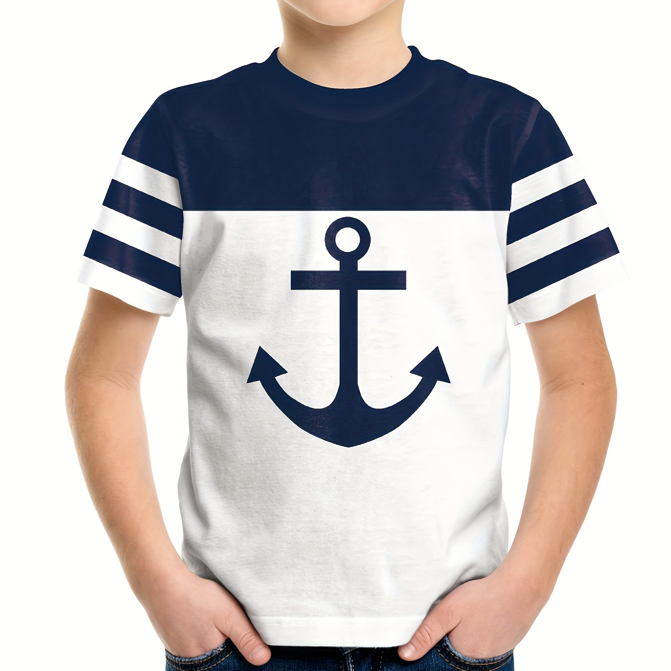 

Cartoon Anchor 2d Print T-shirt, Tees For Boys, Casual Short Sleeve T-shirt For Summer Spring Fall, Tops As Gifts