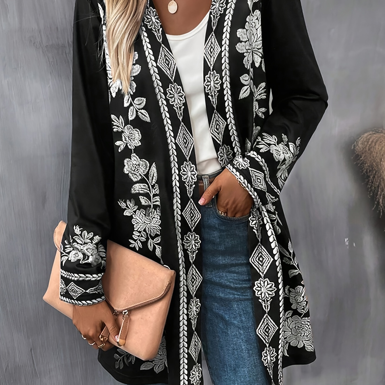 

Vintage Print Cardigan - Polyester (95% Polyester, 5% Elastane), Boat Neck, Motif Pattern, Lightweight Kimono Style For Fall