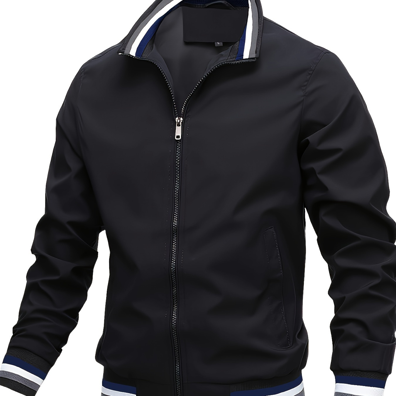 

Men's Casual Striped Trim Bomber Jacket, Spring And Summer Stand Collar Zip-up Outerwear For Outdoor Use