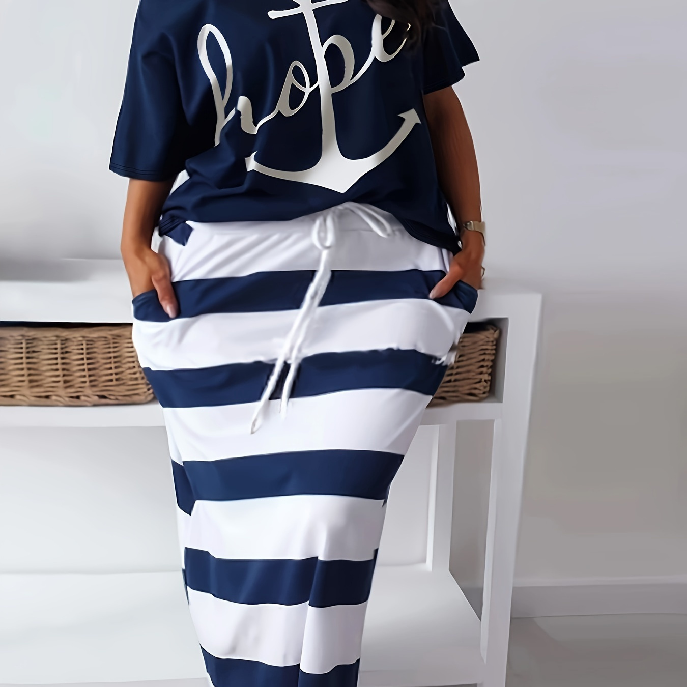 

Plus Size Anchor & Letter Print Two-piece Skirt Set, Crew Neck Short Sleeve Top & Striped Skirts Outfits, Women's Plus Size Clothing