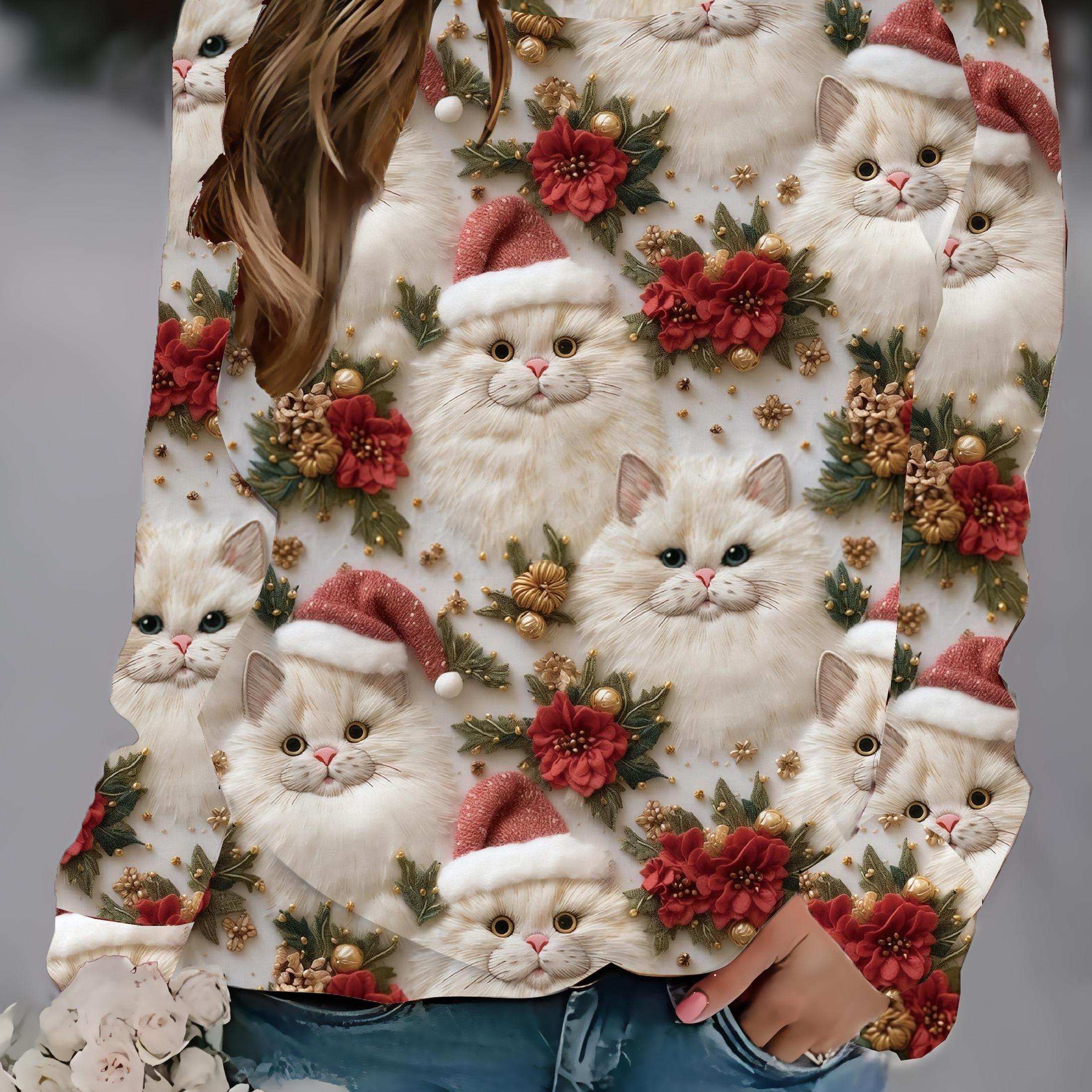 

Women's Christmas Cat Print Long Sleeve Crew Neck Sweatshirt Casual Knit Polyester Pullover With Stretch For Spring/summer/fall