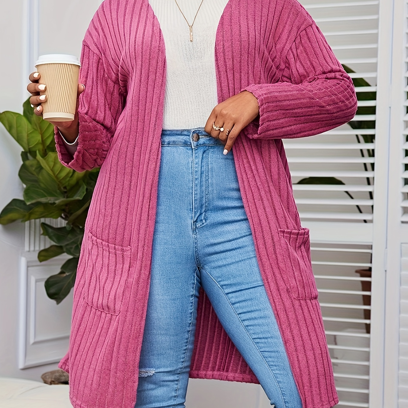 

Plus Size Casual Cardigan, Women's Plus Solid Long Sleeve Open Front Ribbed Knit Slight Stretch Loose Cardigan With Pockets