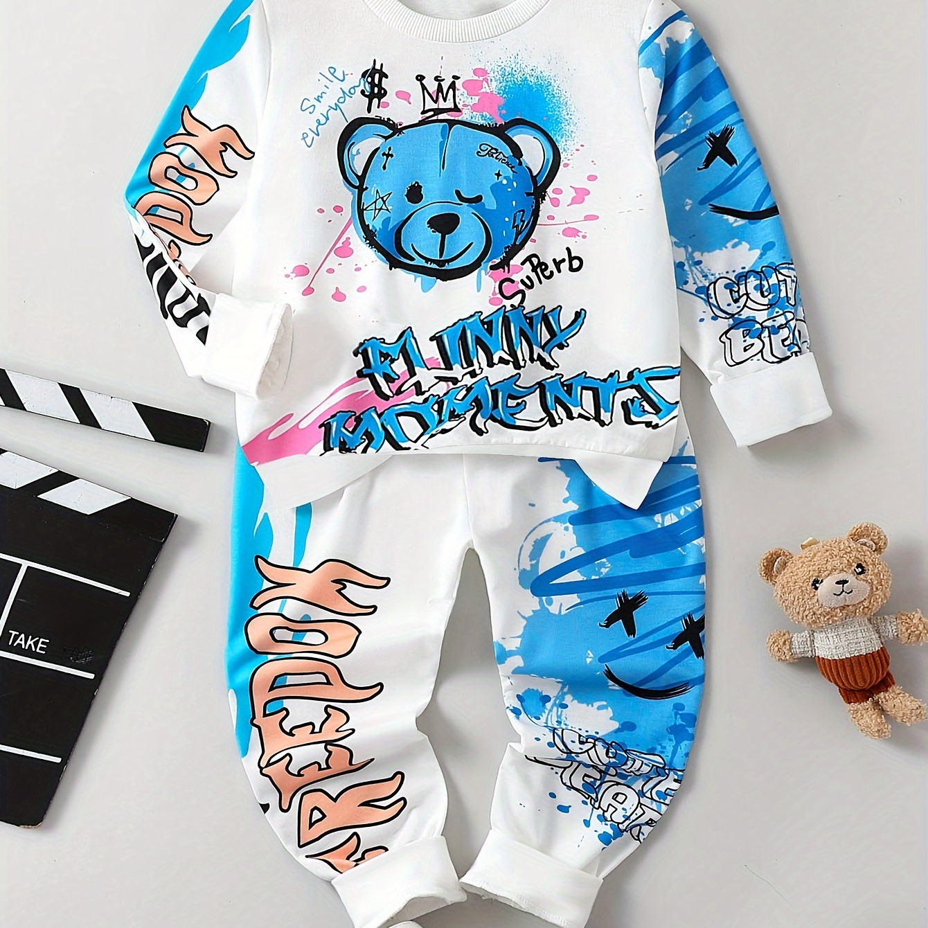 

2pcs Boy's & Bear Long Sleeve Sweatshirt + Pants, Co-ord Set For And As