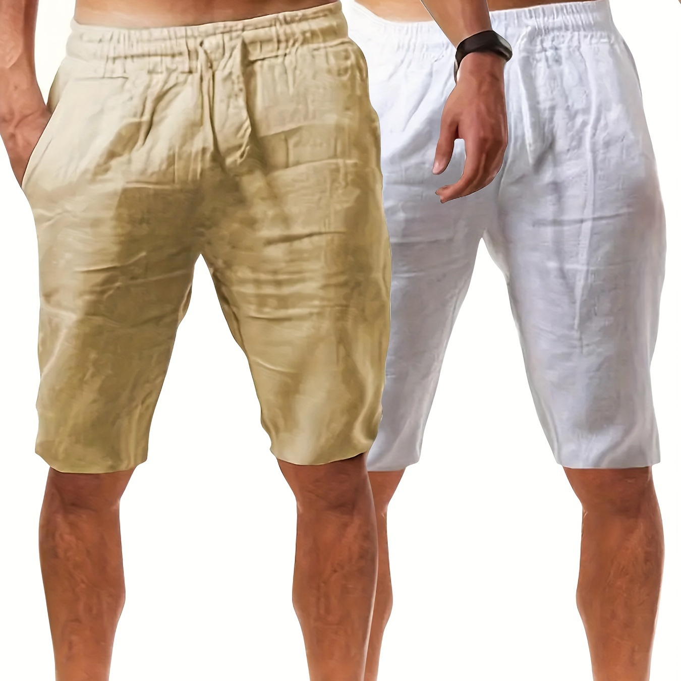 

2-pack Set Of Men's Solid Pure Cotton Knee Long Casual Shorts With Drawstring And Pockets, Breathable And Lightweight Shorts For Summer Beach And Holiday Wear