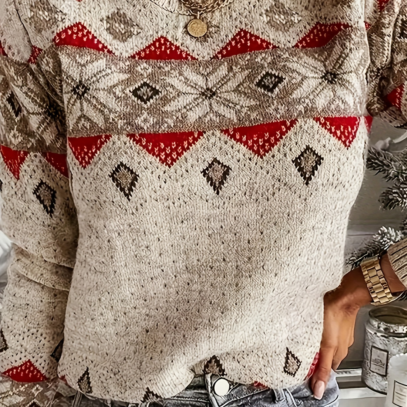 

Pull à col rond Ethic Pattern, pull à manches longues de style rétro pour l'automne et l'hiver, vêtements pour femmes