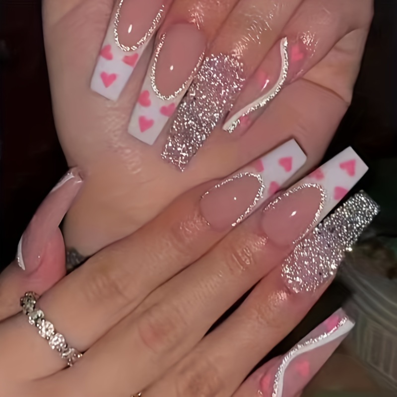 Glittery White French Tip Press On Nails with Pink Hearts - Long Coffin Ballerina Fakes Nails for Valentine's Day - Full Cover False Nails for Women and Girls - Glossy Stick On Nails