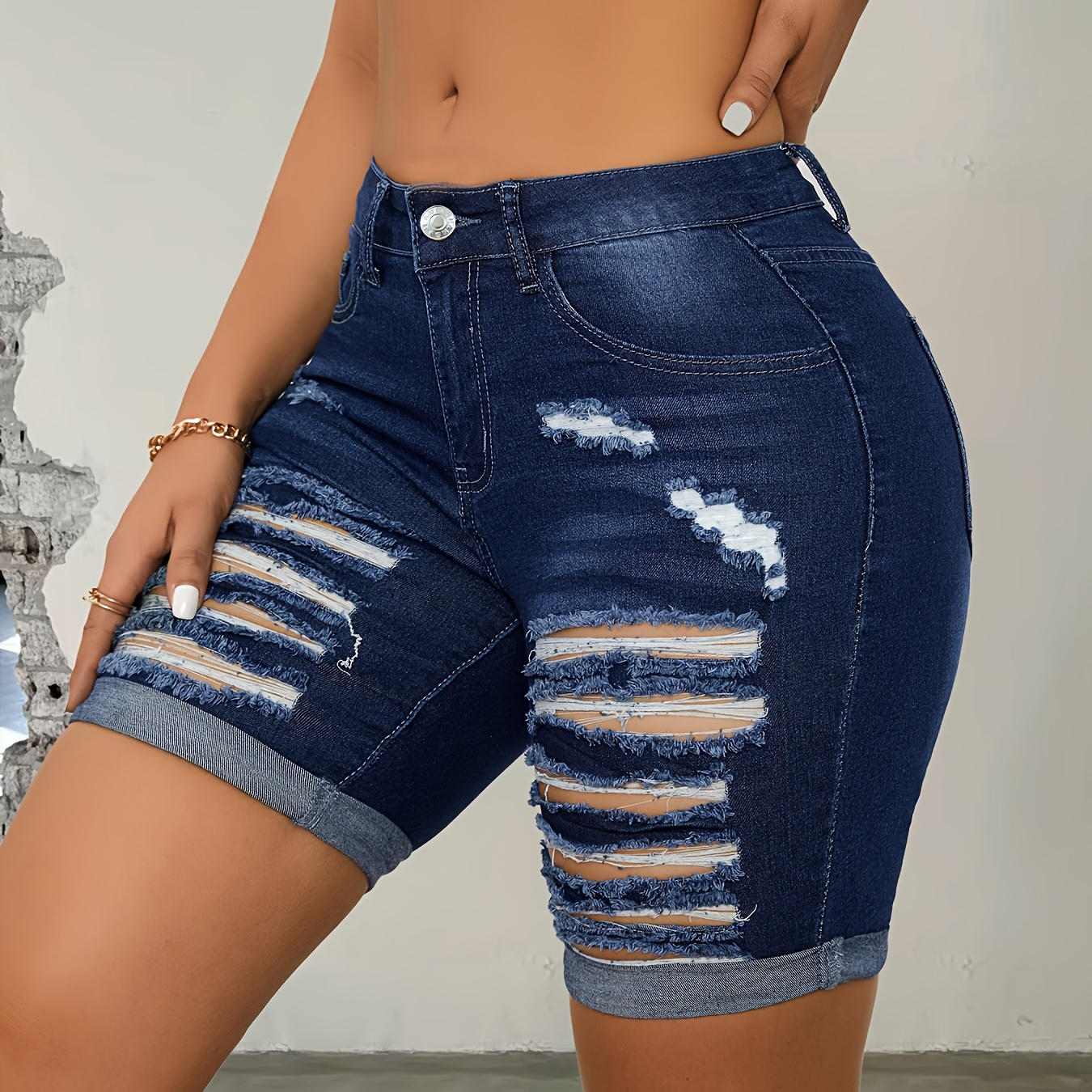 

Women's Distressed Blue Denim Shorts - Elegant Slim Fit With Roll-up Hem, Stretchy Fabric, Mid-thigh Length, Summer Fashion