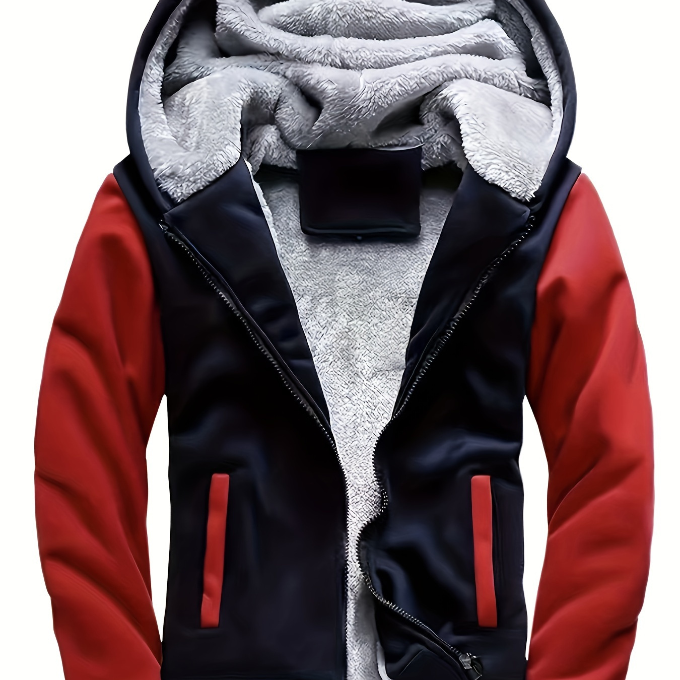 

Men's Color Blocking Hooded Fleece Lining Jacket, Casual Stylish Long Sleeve Coat Winter And Autumn Warm Outdoor Clothes
