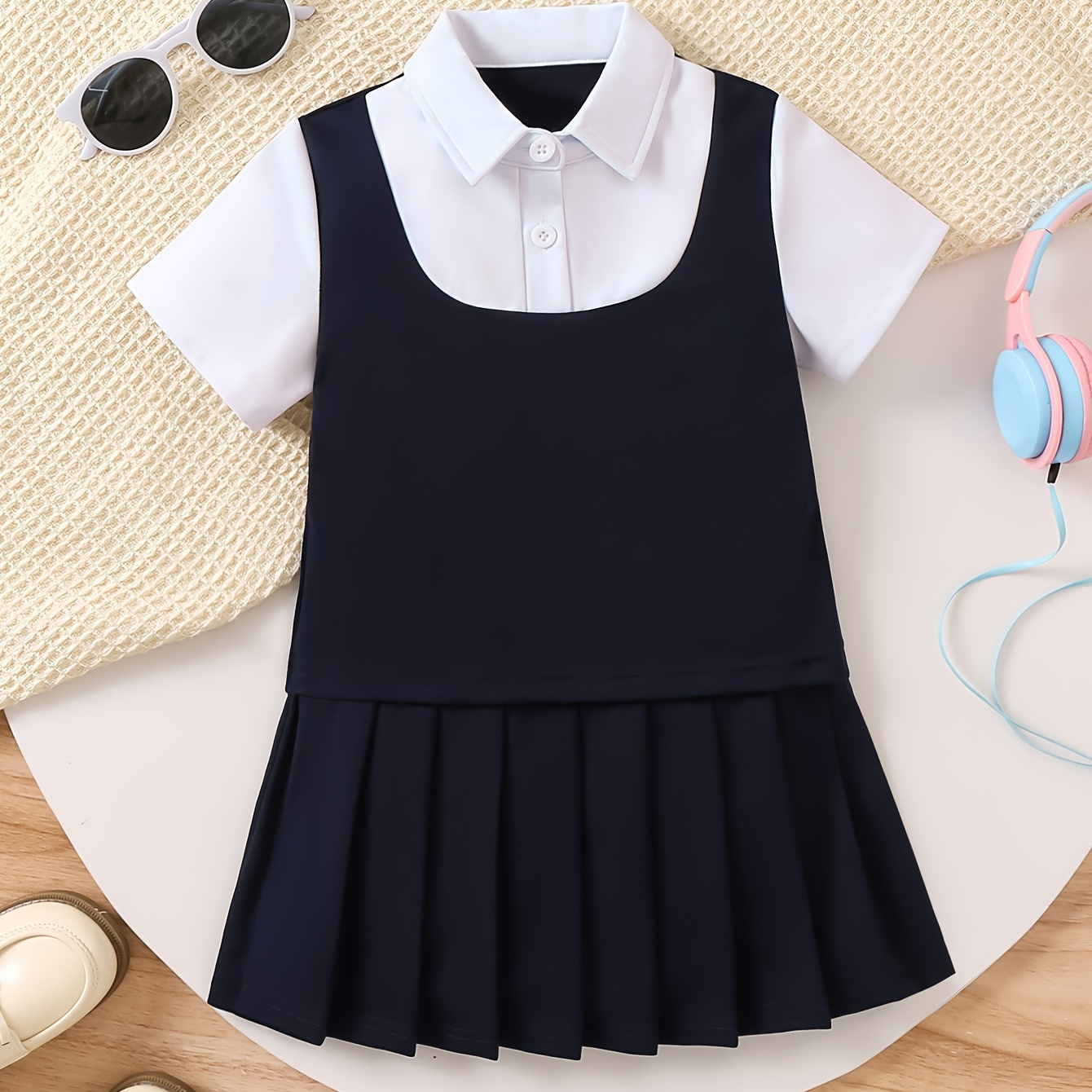 

Girls Preppy Pleated Dress Classic Splicing Cute Short Sleeve Lapel School Uniform Dress
