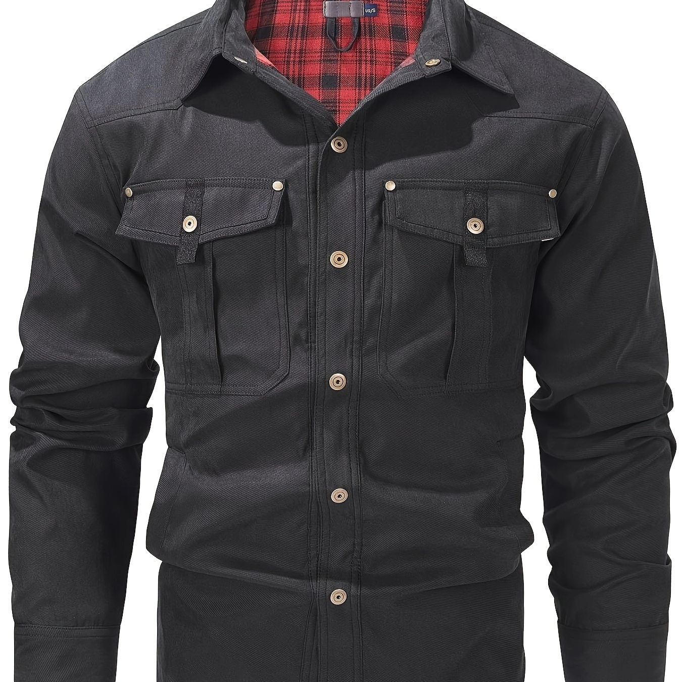 

Men' Flannel-lined Shirt Jacket - Western Style, Snap Button Closure, Gray With & Cuffs, Chest Pockets, Long Sleeve, Polyester, Casual Outdoor Wear For Spring/fall, Flannel Shirt Jacket