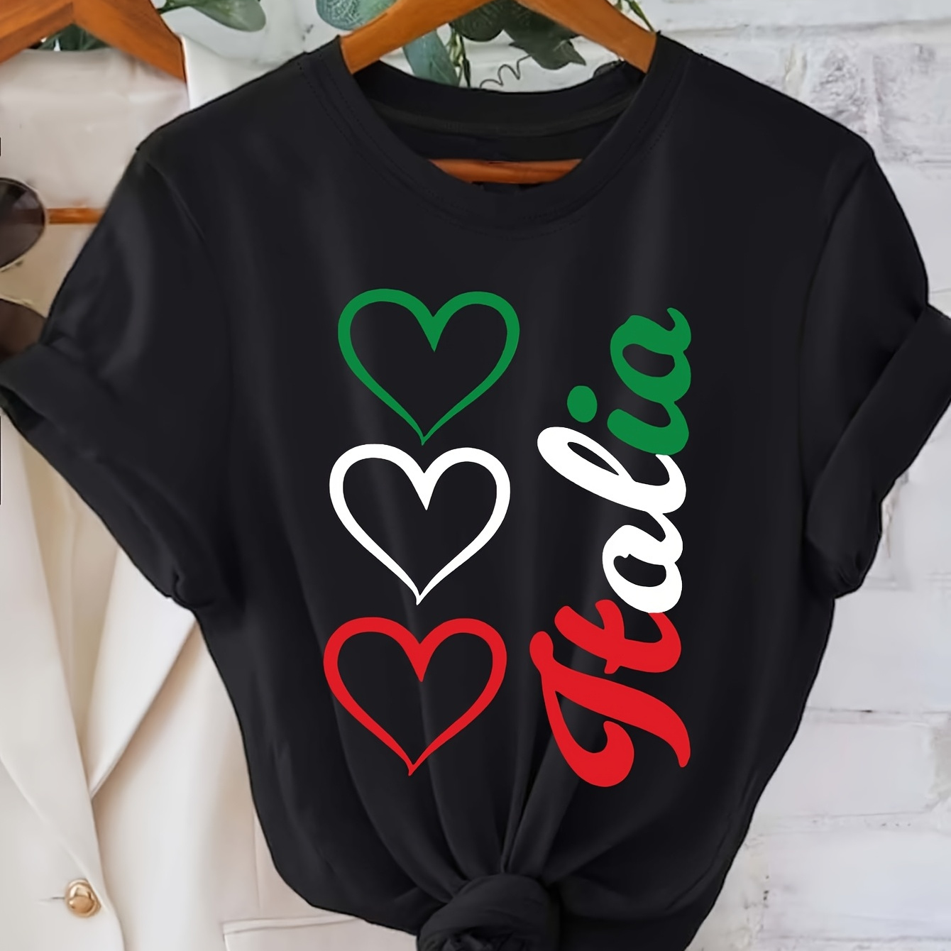 

Women's Casual Crew Neck T-shirt Heart Italia , Polyester Knit Fabric, Short Sleeve Top For All , Casual Wear|italian Flag Motif|stretchy Fabric